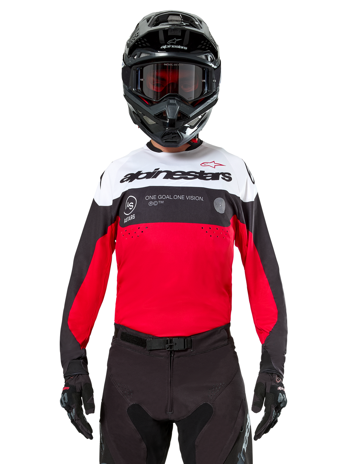 Alpinestars Pro-Dura Jersey, motocross-trøje, sort, klar rød og hvid, vist med sort hjelm og goggles, sporty design med markant Alpinestars-branding og laserperforeringer, performance-udstyr til enduro og off-road racing