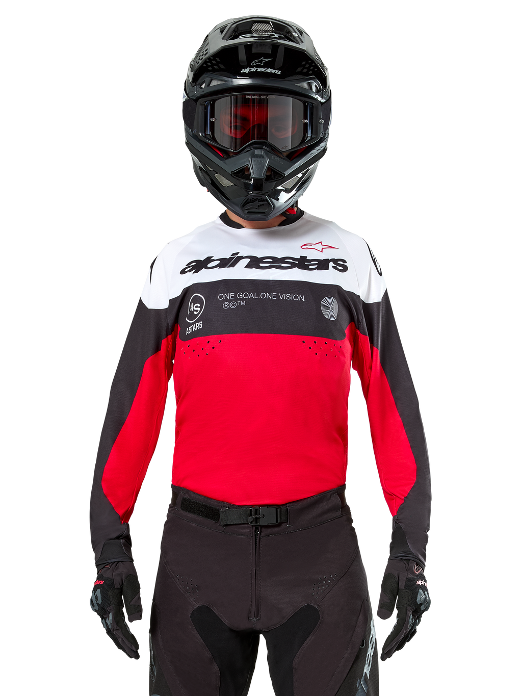 Alpinestars Pro-Dura Jersey, motocross-trøje, sort, klar rød og hvid, vist med sort hjelm og goggles, sporty design med markant Alpinestars-branding og laserperforeringer, performance-udstyr til enduro og off-road racing