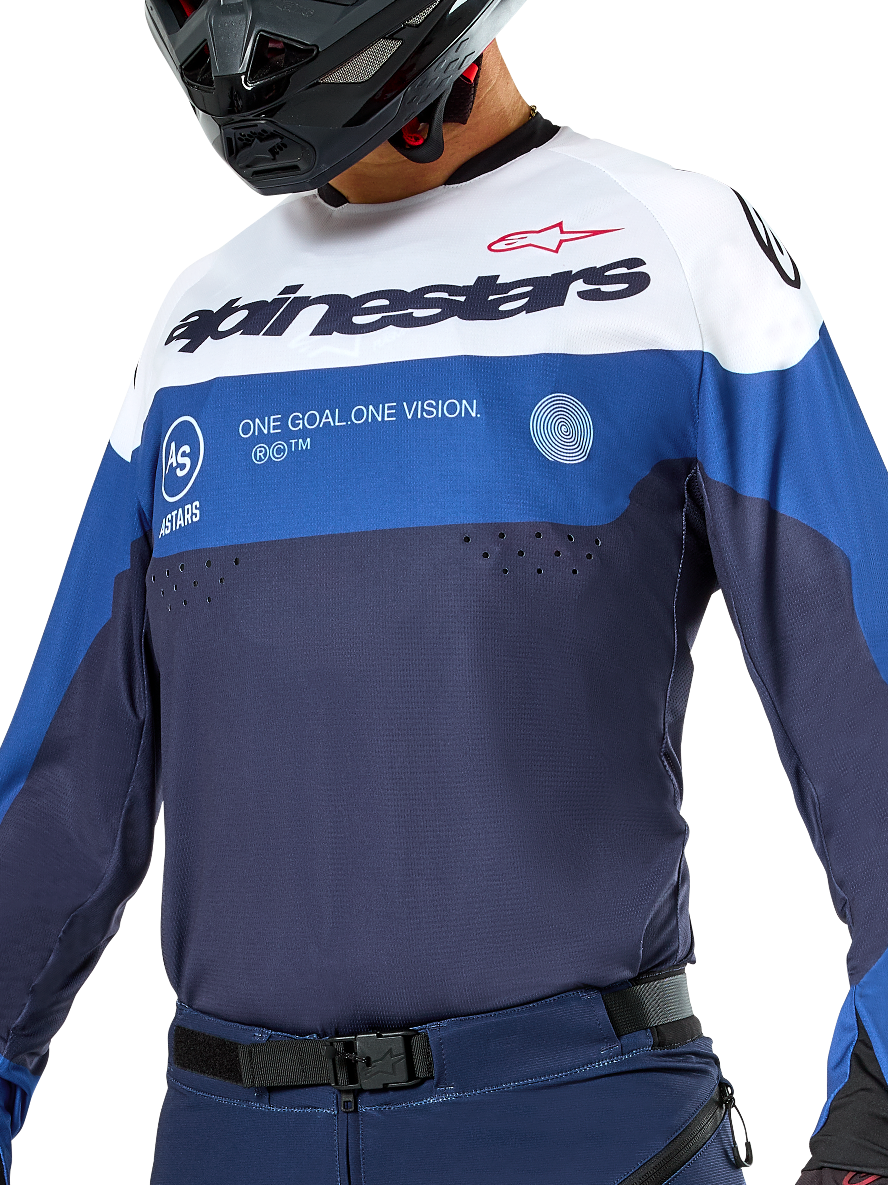Alpinestars Pro-Dura trøje, enduro- og motocross-trøje, marineblå, klar blå og hvid, atletisk pasform med markant branding, slidstærk tekstilkonstruktion til off-road præstation