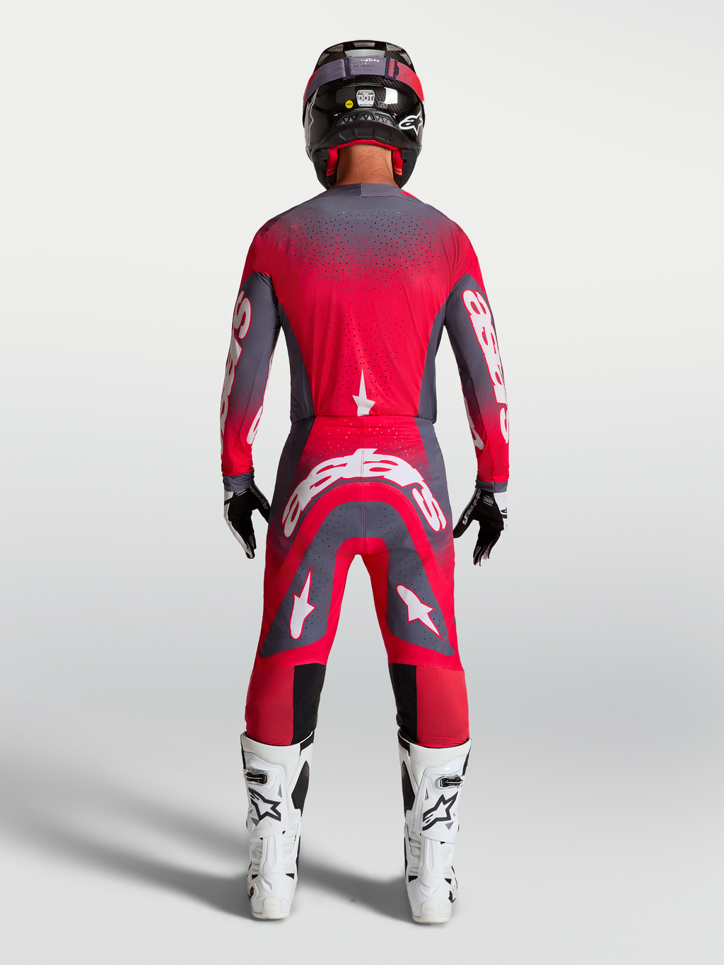 Alpinestars Supertech Hiten AFD Jersey, Red Fluo and Graystone, professional motocross racing gear, rear view on-model.