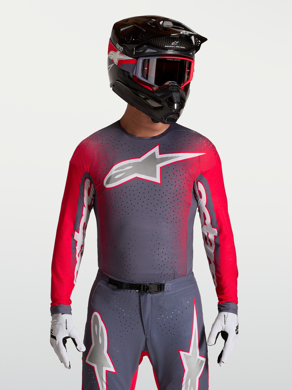 Alpinestars Supertech Hiten AFD Jersey, gray and red fluo motocross shirt with premium ventilated mesh.