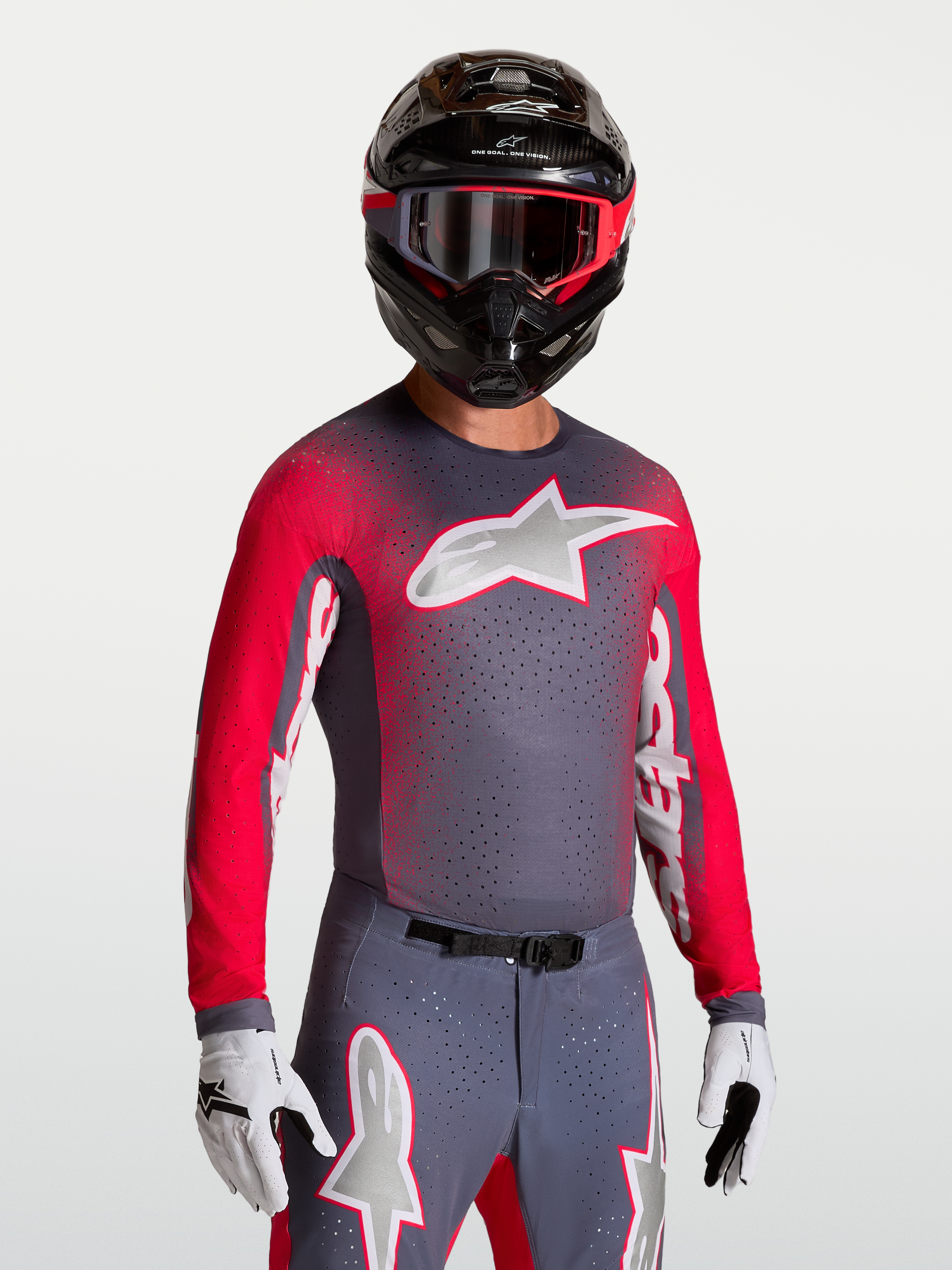 Alpinestars Supertech Hiten AFD Trøje, motocrosstrøje til herrer i grå og rød, åndbart mesh med laserskårne perforeringer, professionel racing pasform til terrænkørsel