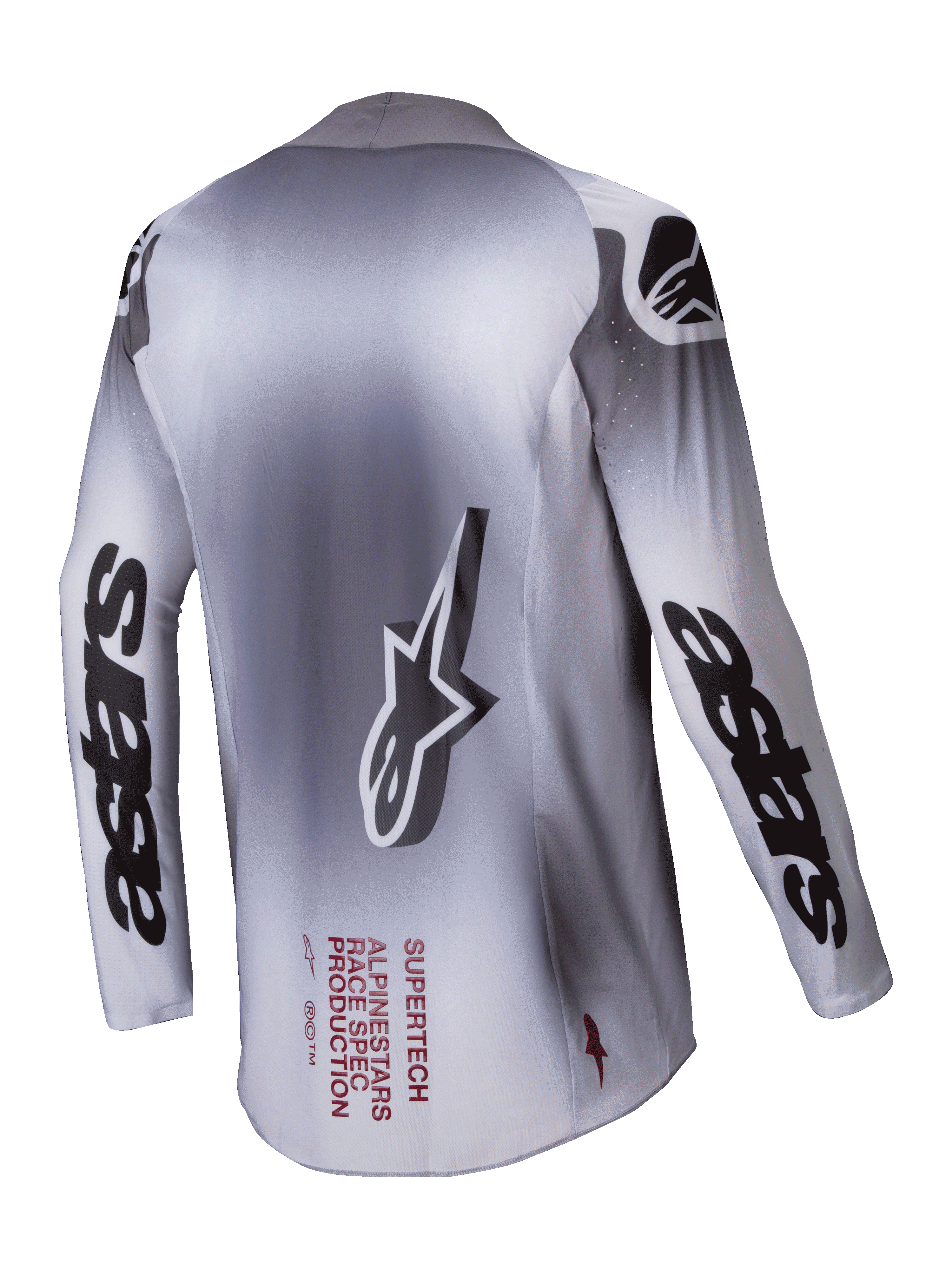 Alpinestars 2025 Supertech Maker trøje, herre motocross-trøje, sølv og sort, set bagfra med stretch-mesh konstruktion og branding