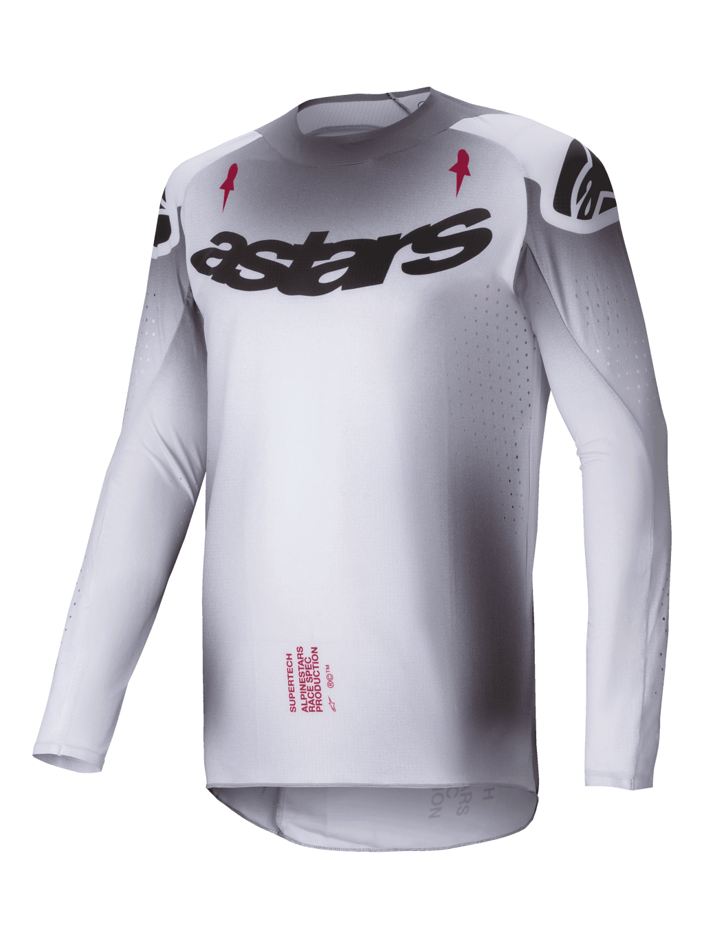 Alpinestars 2025 Supertech Maker trøje, motocross trøje, sølv og sort, letvægts stretch-mesh konstruktion med atletisk racepasform