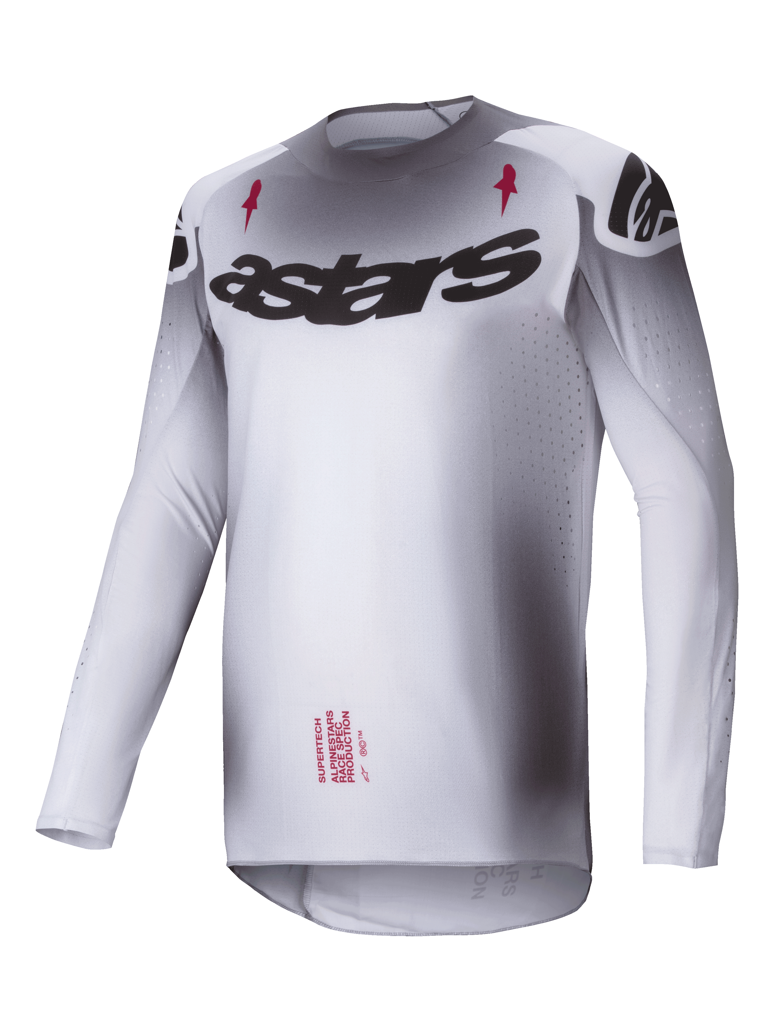 Alpinestars 2025 Supertech Maker trøje, motocross trøje, sølv og sort, letvægts stretch-mesh konstruktion med atletisk racepasform