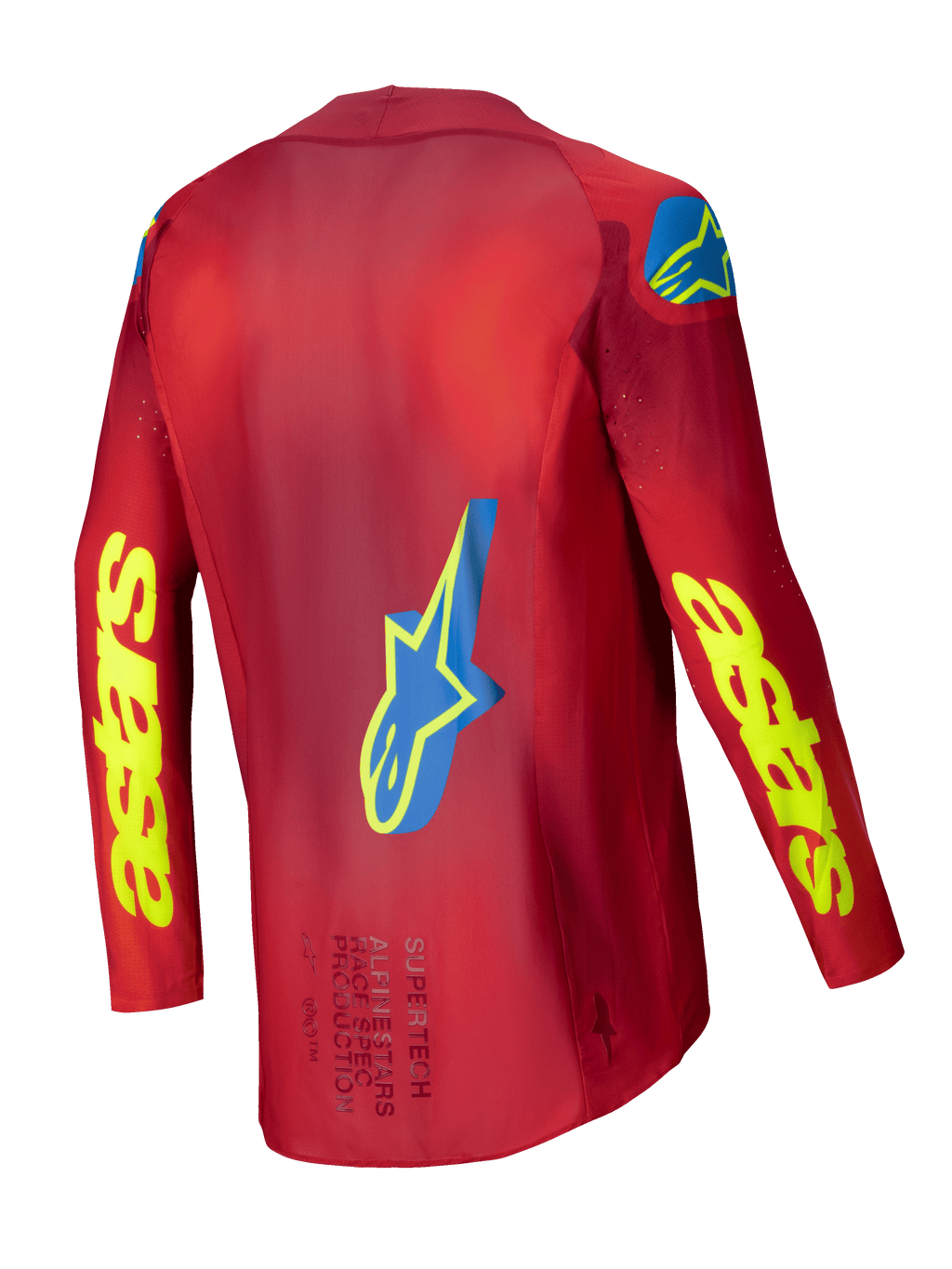 Alpinestars 2025 Supertech Maker trøje, motocross-trøje til herrer, rød og gul fluo, set bagfra med strækmesh-konstruktion og grafiske detaljer