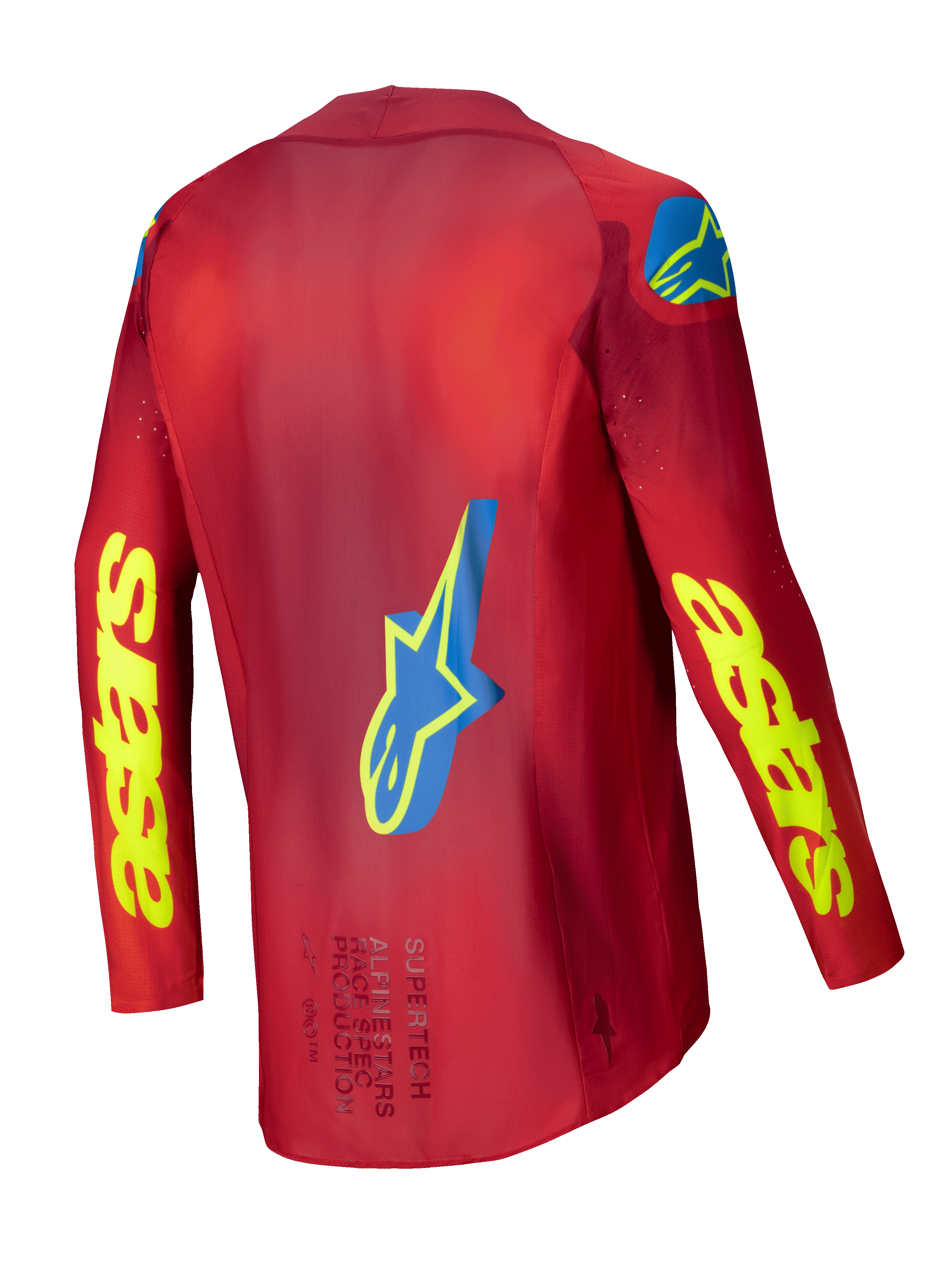 Alpinestars 2025 Supertech Maker trøje, motocross-trøje til herrer, rød og gul fluo, set bagfra med strækmesh-konstruktion og grafiske detaljer