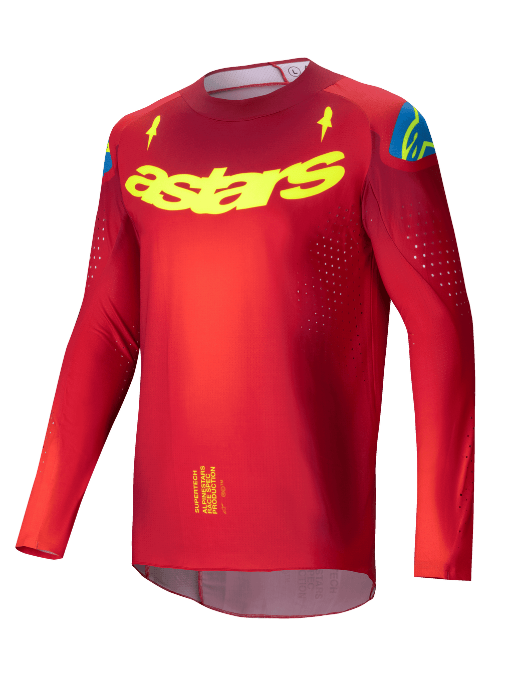 Alpinestars 2025 Supertech Maker trøje, langærmet herre motocross trøje i rød og gul, let stretchmesh med laser-skårne ventilationsperforeringer