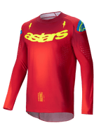Alpinestars 2025 Supertech Maker trøje, langærmet herre motocross trøje i rød og gul, let stretchmesh med laser-skårne ventilationsperforeringer