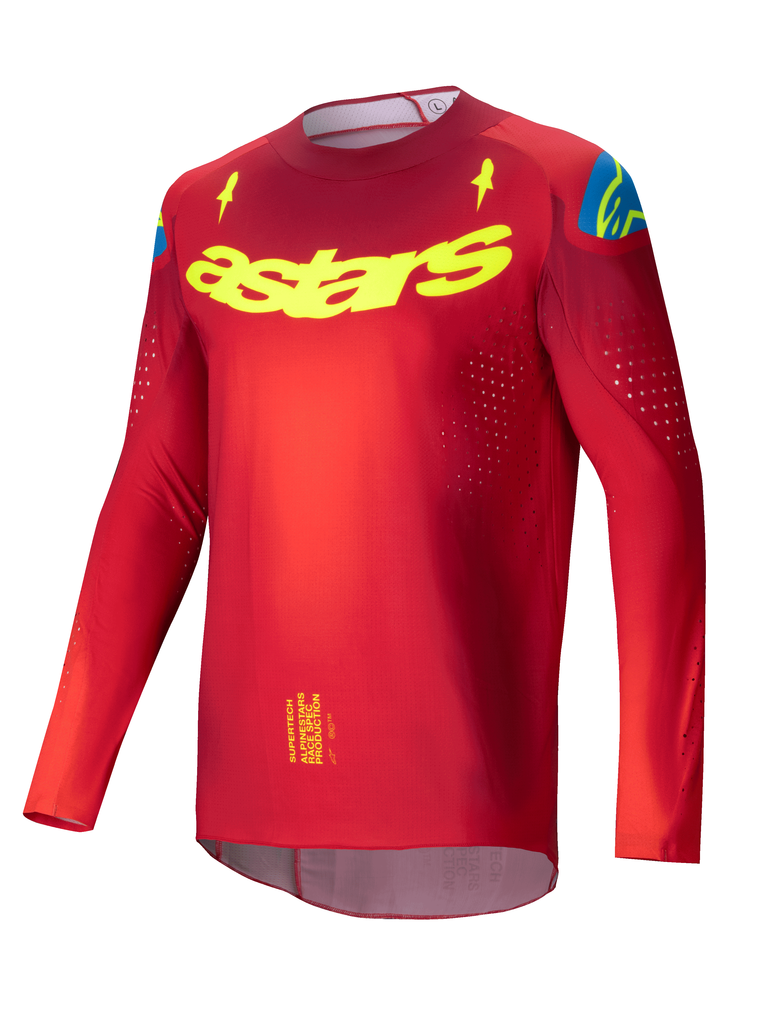 Alpinestars 2025 Supertech Maker trøje, langærmet herre motocross trøje i rød og gul, let stretchmesh med laser-skårne ventilationsperforeringer