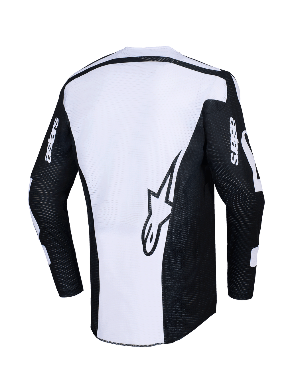Alpinestars 2026 Racer Air Riway Jersey, motocross-trøje, sort og hvid, set bagfra med stort stjernelogo på hvidt panel, sorte ærmer med 'astars'-branding, perforeret mesh-stof for luftgennemstrømning, teknisk off-road køreudstyr