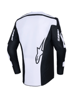 Alpinestars 2026 Racer Air Riway Jersey, motocross-trøje, sort og hvid, set bagfra med stort stjernelogo på hvidt panel, sorte ærmer med 'astars'-branding, perforeret mesh-stof for luftgennemstrømning, teknisk off-road køreudstyr