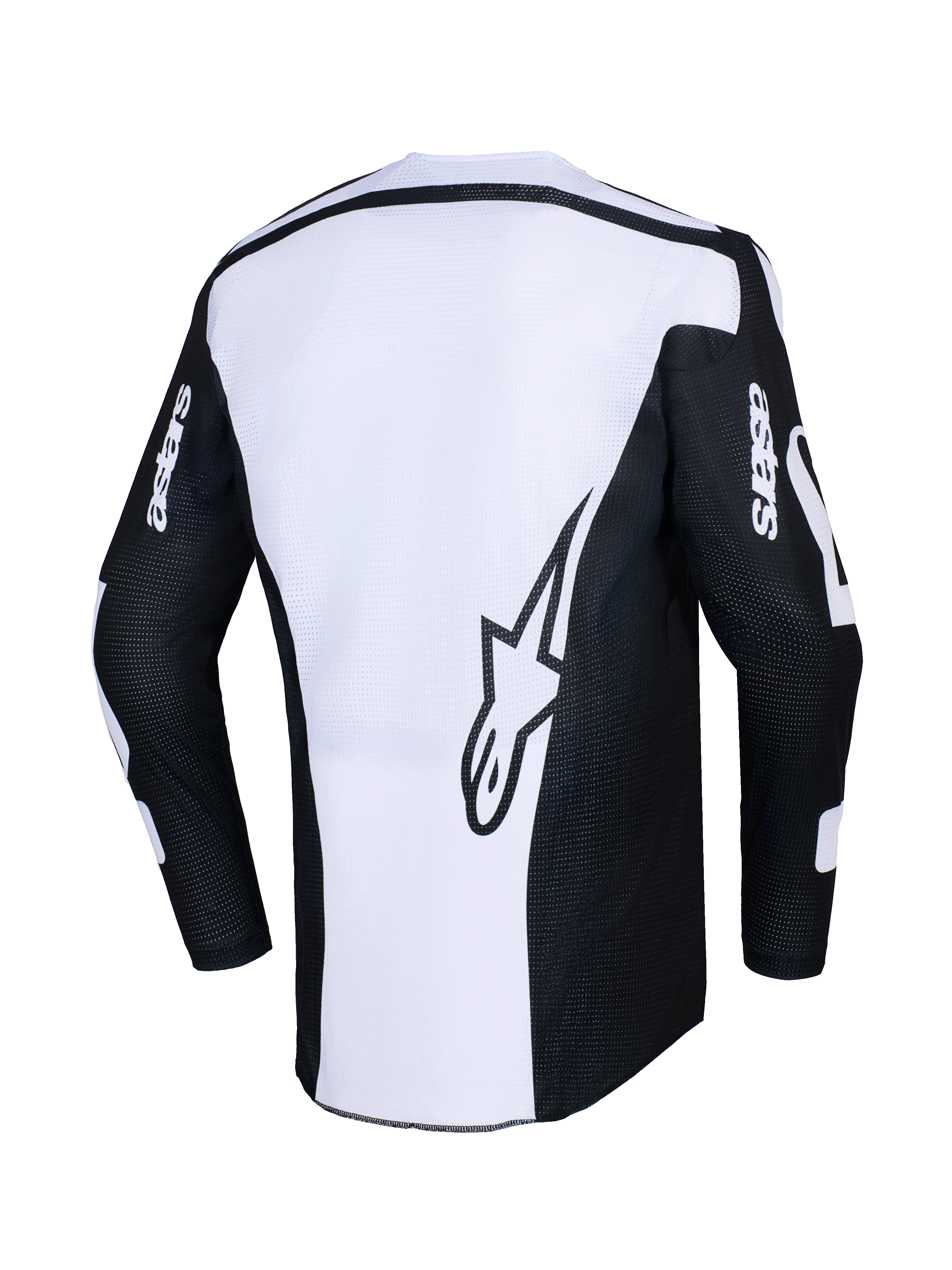 Alpinestars 2026 Racer Air Riway Jersey, motocross-trøje, sort og hvid, set bagfra med stort stjernelogo på hvidt panel, sorte ærmer med 'astars'-branding, perforeret mesh-stof for luftgennemstrømning, teknisk off-road køreudstyr
