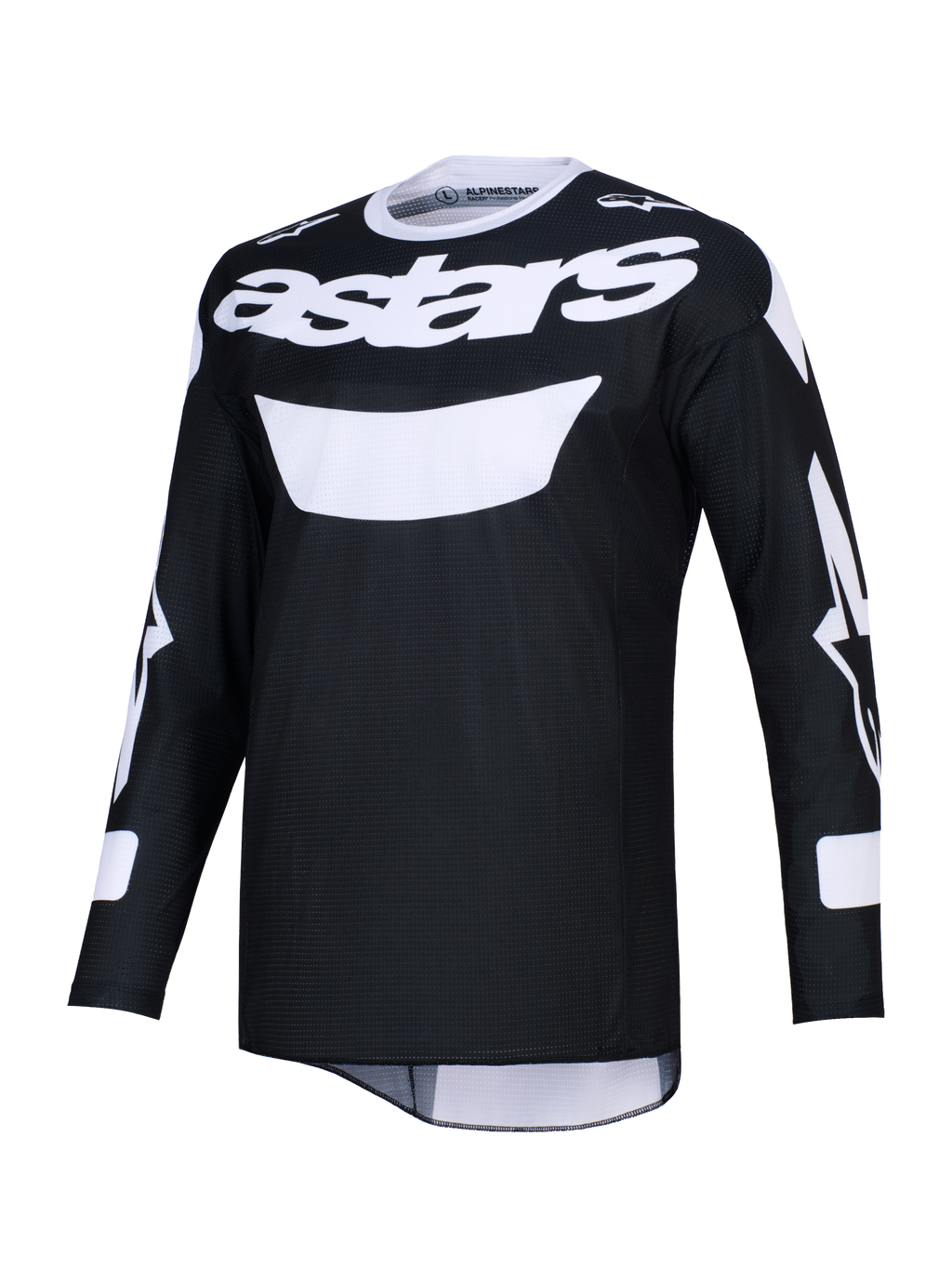 Alpinestars 2026 Racer Air Riway trøje, sort og hvid motocross-trøje med markant hvidt Astars-logo på brystet, let mesh-materiale for høj luftgennemstrømning, lange ærmer og en atletisk pasform til off-road kørsel.
