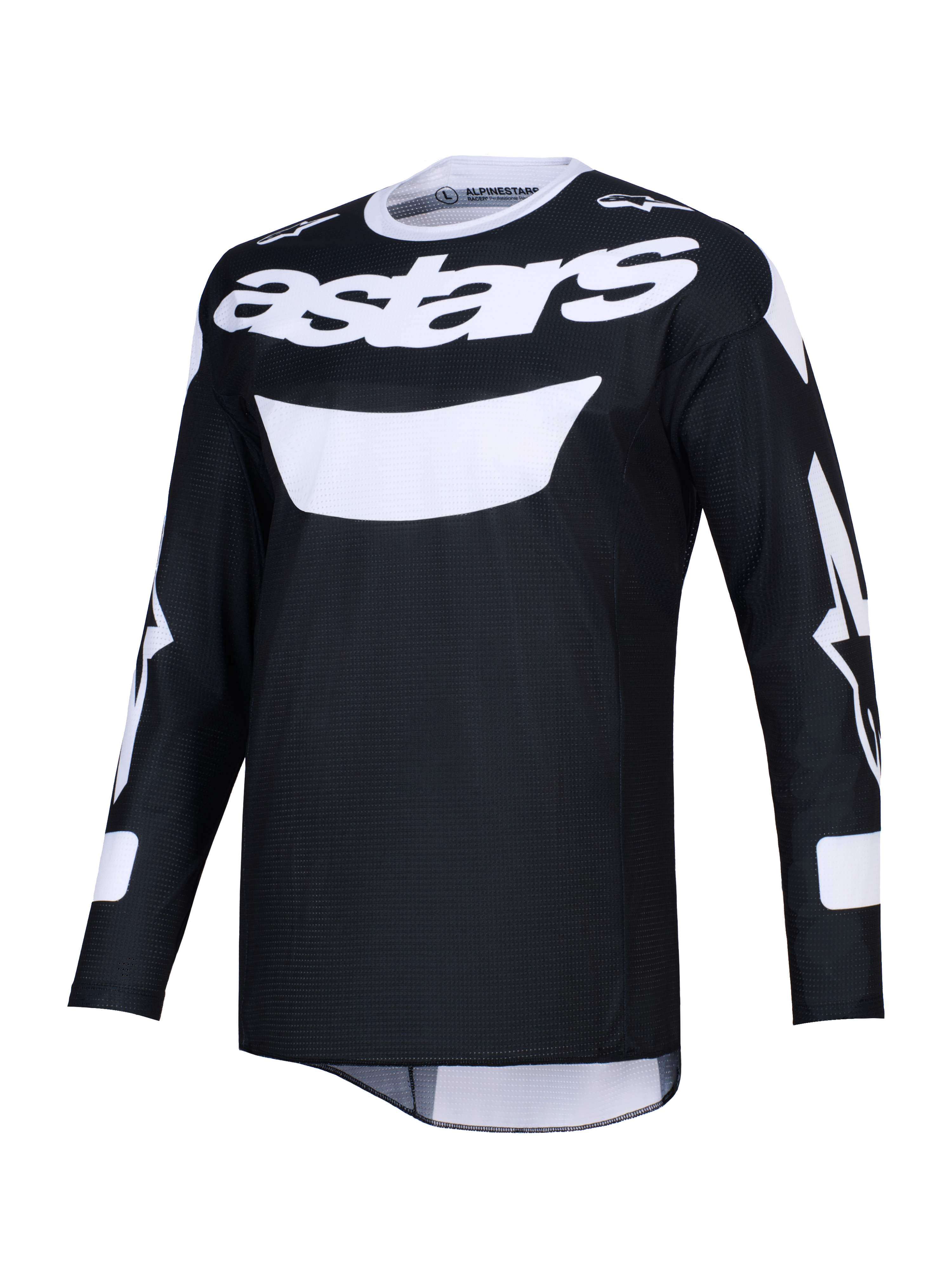 Alpinestars 2026 Racer Air Riway trøje, sort og hvid motocross-trøje med markant hvidt Astars-logo på brystet, let mesh-materiale for høj luftgennemstrømning, lange ærmer og en atletisk pasform til off-road kørsel.