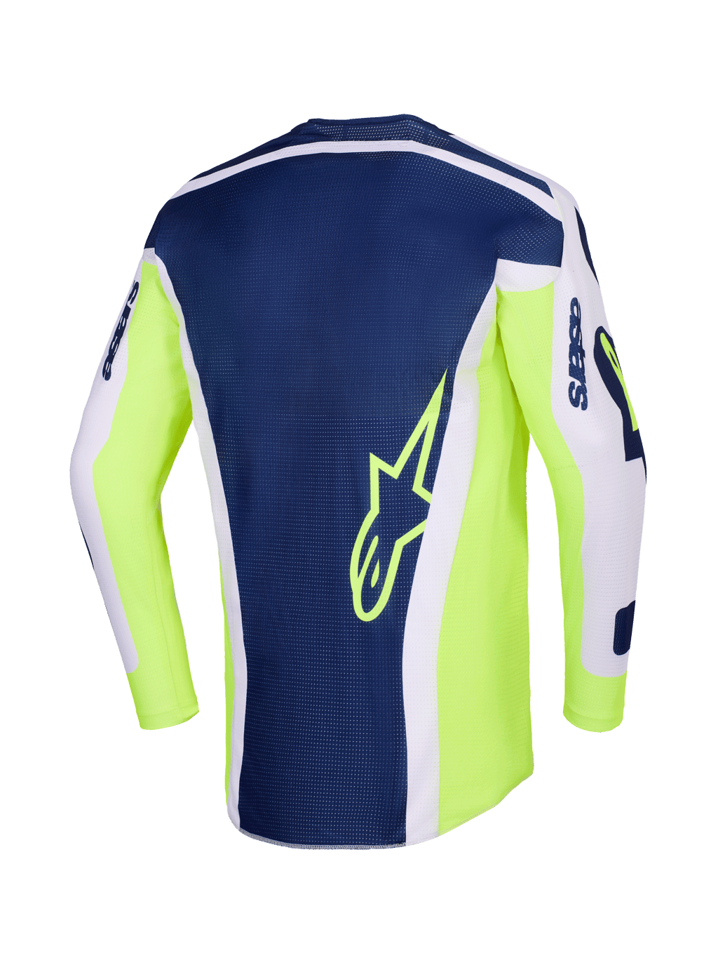 Alpinestars 2026 Racer Air Riway trøje, motocross-trøje, lysegrå, neongul og blå, set bagfra med et marineblåt midterpanel med gult stjernelogo, lysende neongule sider og lysegrå ærmer til off-road kørsel.