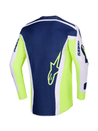 Alpinestars 2026 Racer Air Riway trøje, motocross-trøje, lysegrå, neongul og blå, set bagfra med et marineblåt midterpanel med gult stjernelogo, lysende neongule sider og lysegrå ærmer til off-road kørsel.