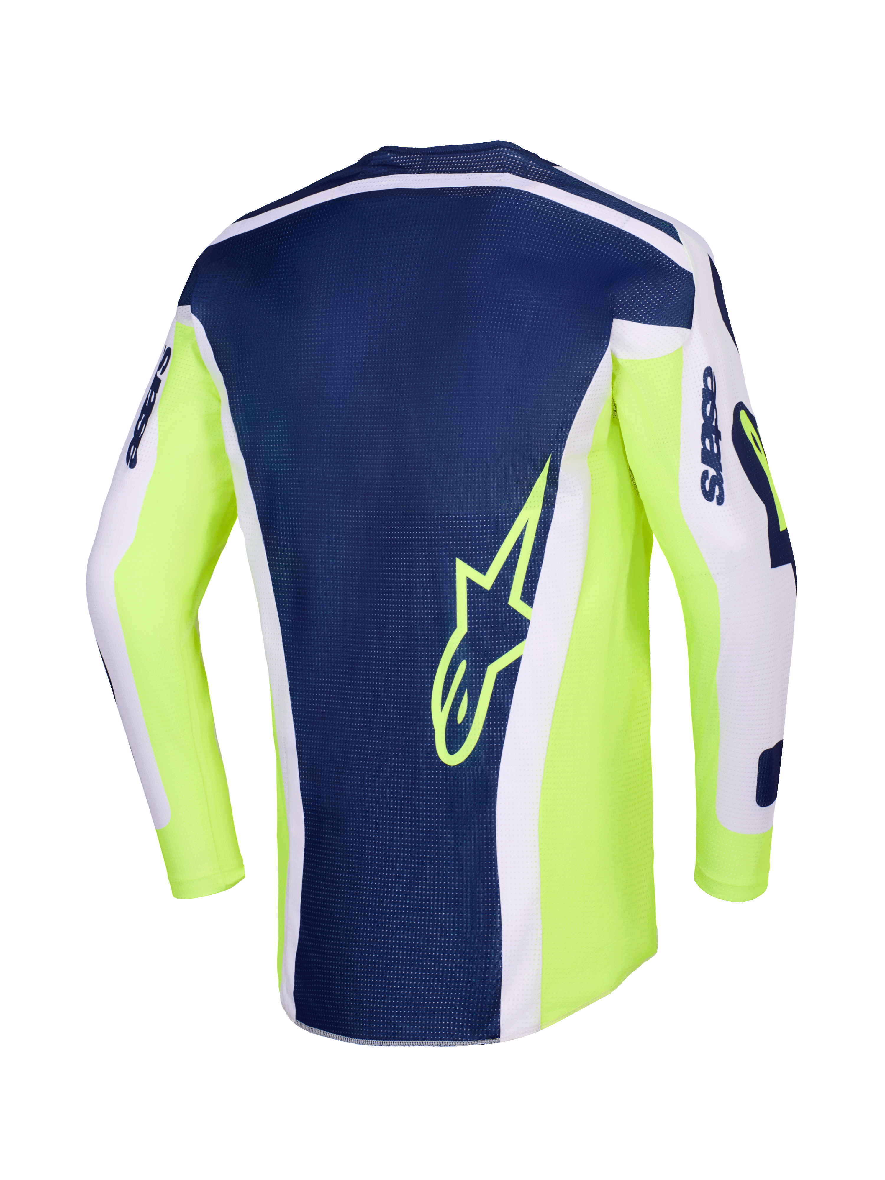 Alpinestars 2026 Racer Air Riway trøje, motocross-trøje, lysegrå, neongul og blå, set bagfra med et marineblåt midterpanel med gult stjernelogo, lysende neongule sider og lysegrå ærmer til off-road kørsel.