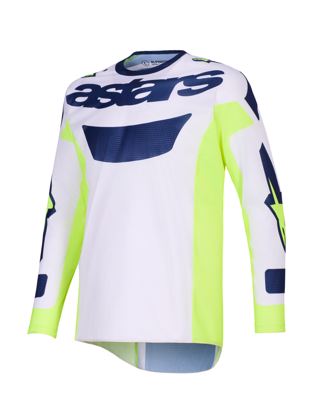 Alpinestars 2026 Racer Air Riway-trøje, motocross-trøje, lysegrå med neon-gule og blå detaljer, 'astars'-branding på brystet, neon-gule sidepaneler, åndbar mesh-konstruktion til off-road-kørsel