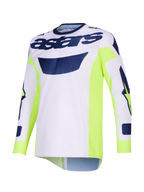 Alpinestars 2026 Racer Air Riway-trøje, motocross-trøje, lysegrå med neon-gule og blå detaljer, 'astars'-branding på brystet, neon-gule sidepaneler, åndbar mesh-konstruktion til off-road-kørsel