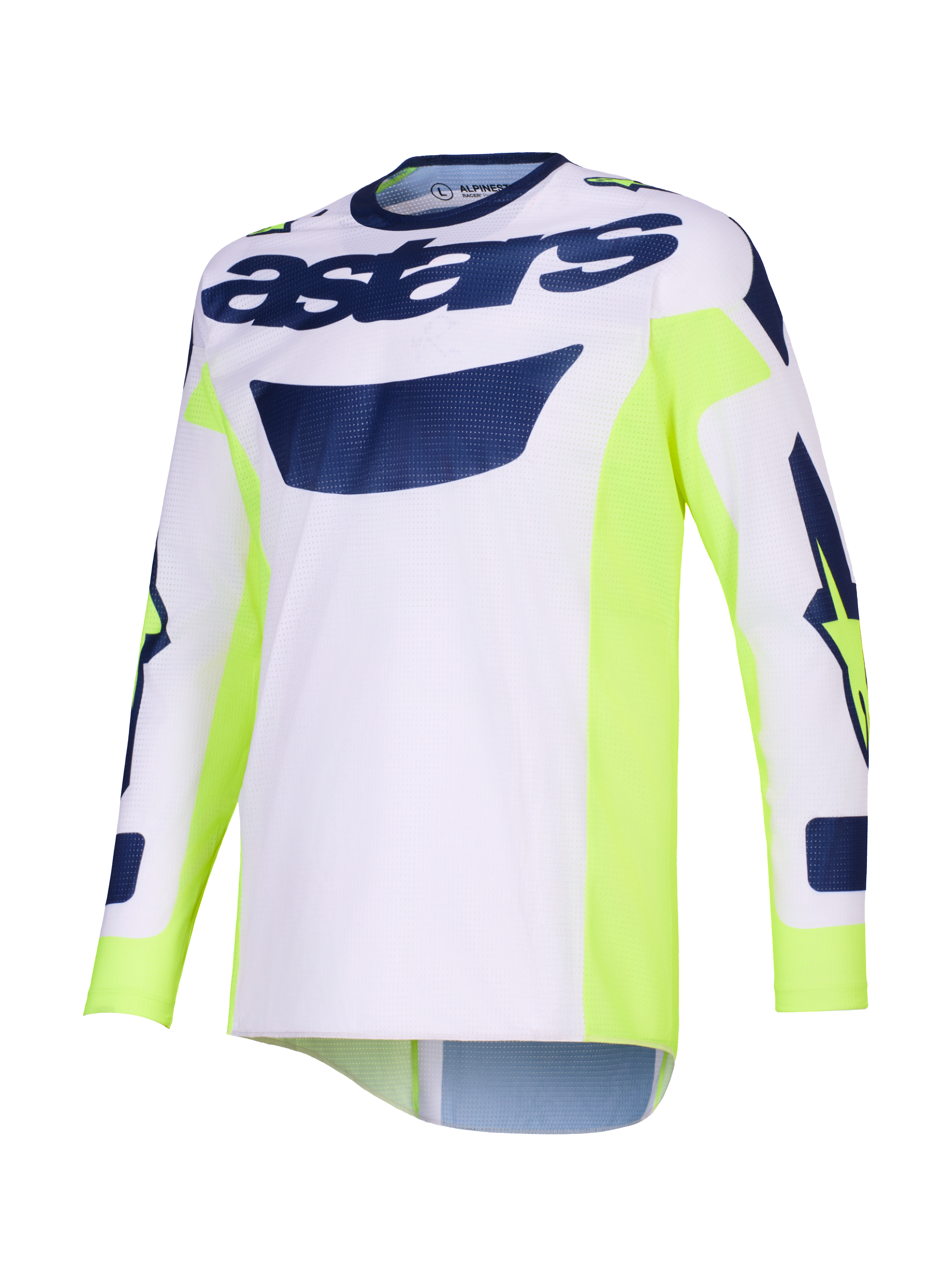 Alpinestars 2026 Racer Air Riway-trøje, motocross-trøje, lysegrå med neon-gule og blå detaljer, 'astars'-branding på brystet, neon-gule sidepaneler, åndbar mesh-konstruktion til off-road-kørsel