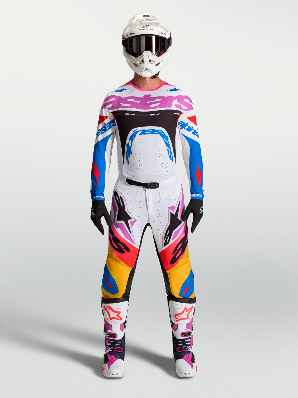Alpinestars Supertech Dyna Gear Set and Jersey, men's white and blue motocross racing outfit with purple accents.