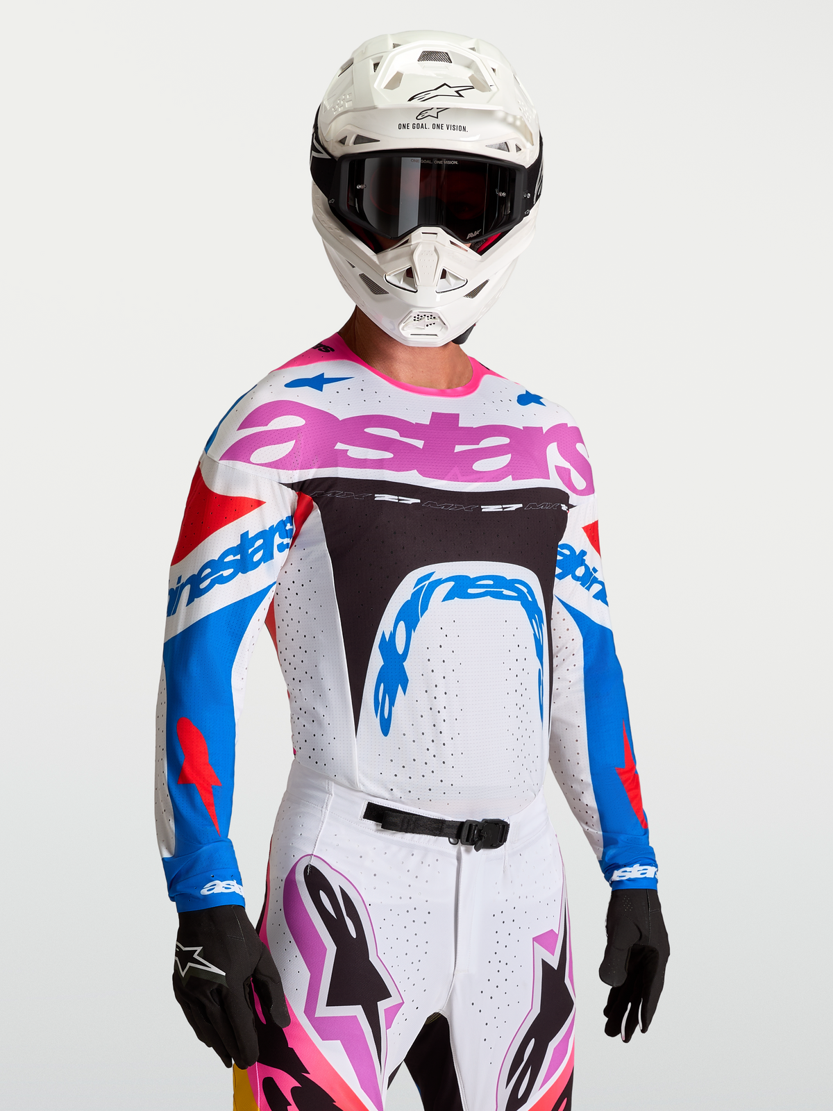 Alpinestars Supertech Dyna Jersey, pro-level motocross jersey in white and blue with purple accents, featuring athletic stretch mesh.