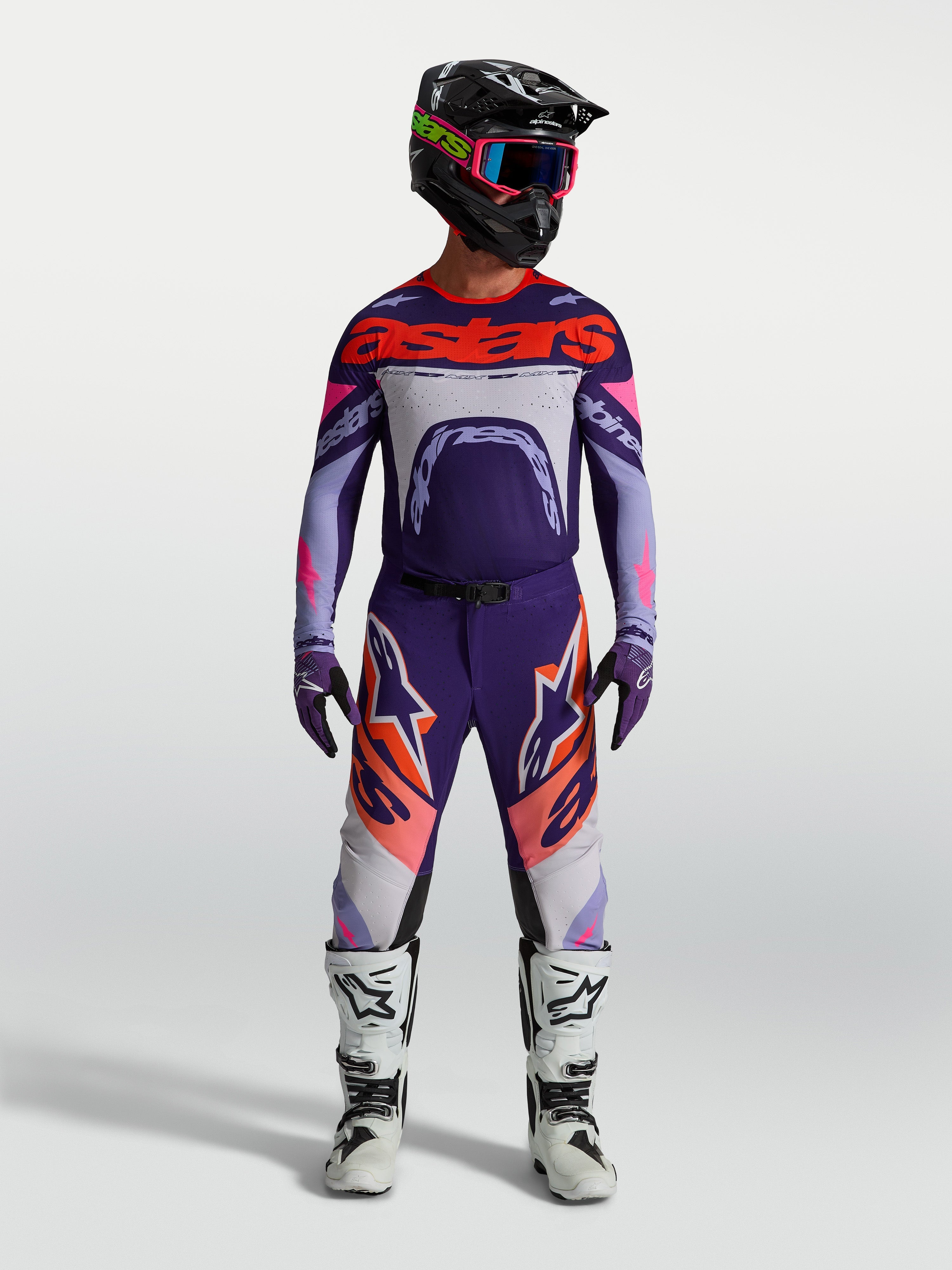Alpinestars Supertech Dyna Jersey, Men's Motocross Racing Top, Light Violet and Deep Purple with Pink Fluo accents.
