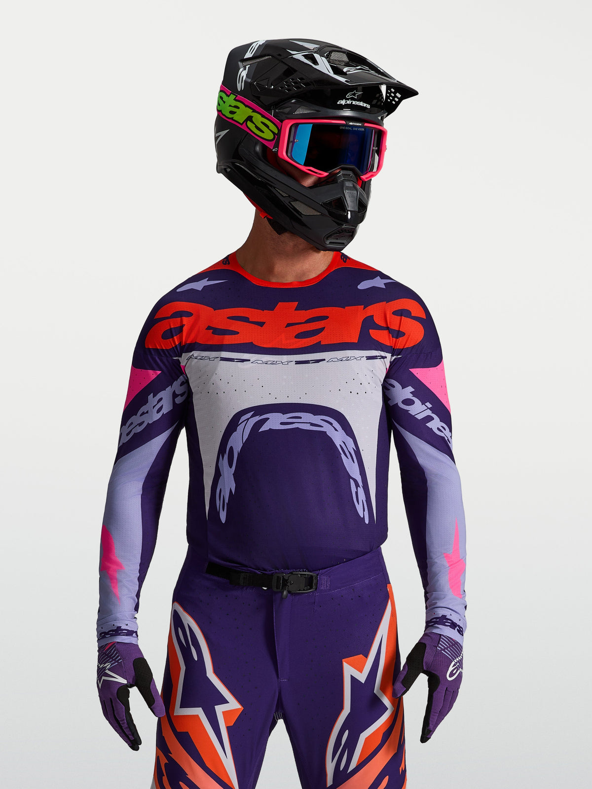 Alpinestars Supertech Dyna Jersey, purple and pink fluo motocross racing top, athletic race fit with mesh construction.