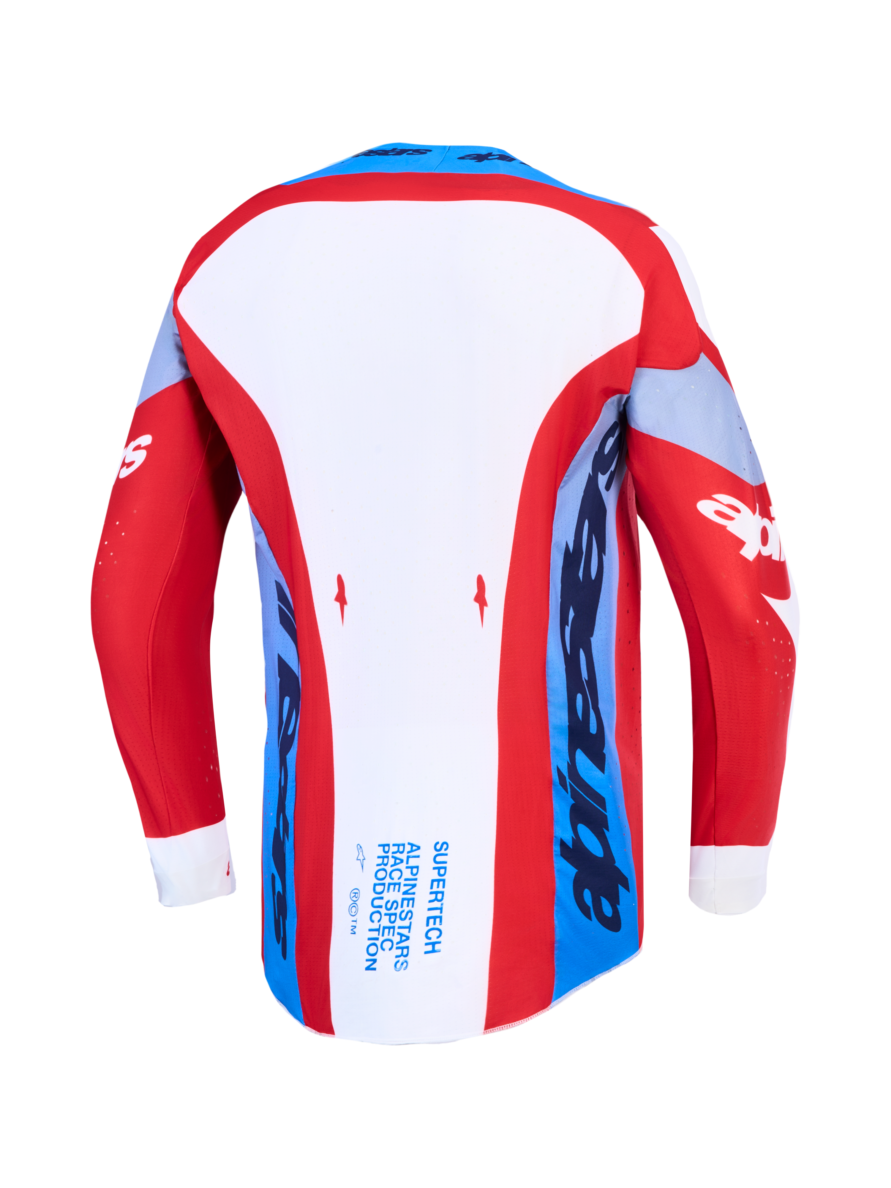 Alpinestars Supertech Dyna Jersey, red, white and navy blue motocross racing shirt, back view with extended rear hem.