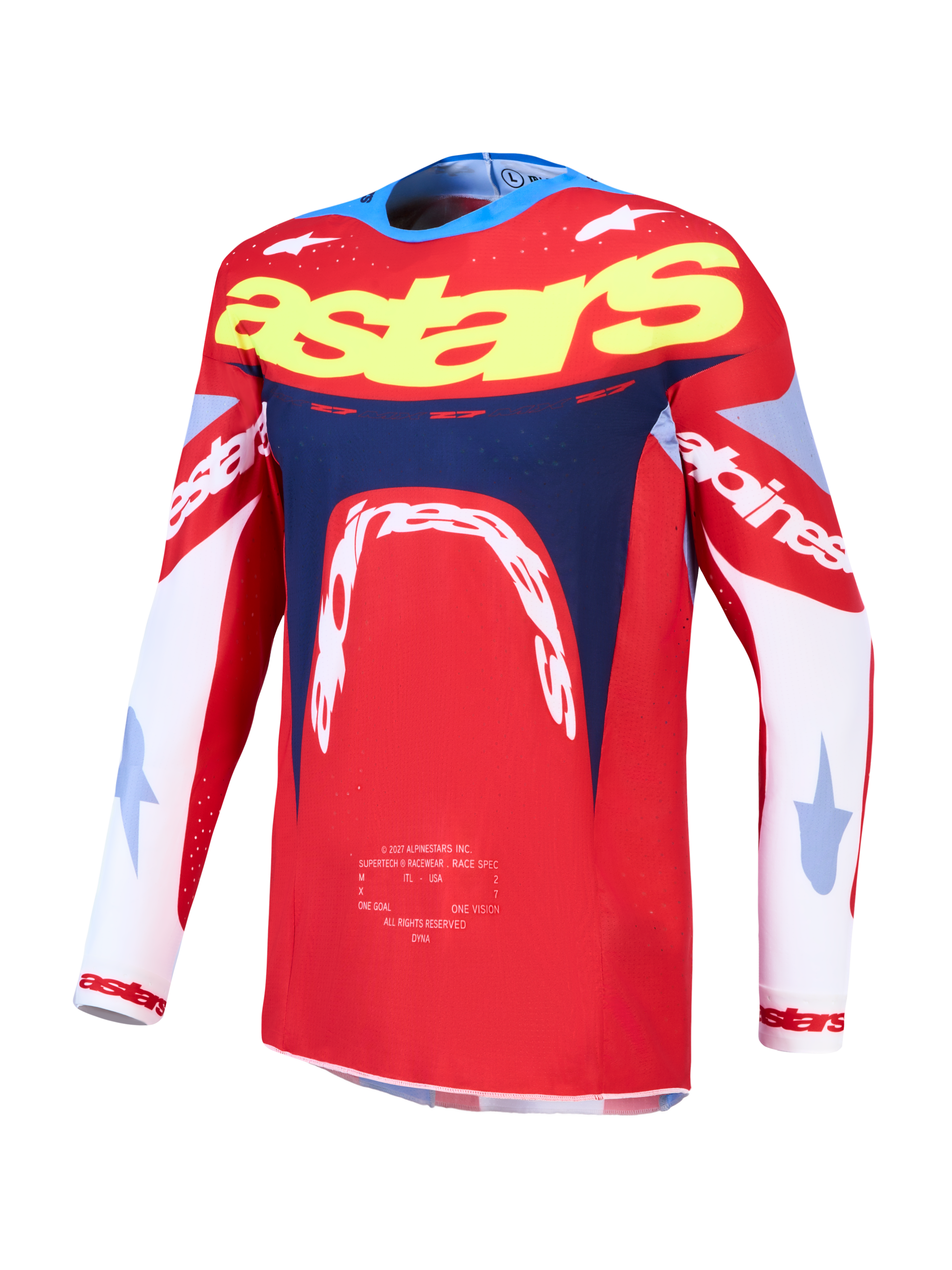 Alpinestars Supertech Dyna Jersey, men's red and navy blue motocross racing jersey with lightweight stretch mesh.