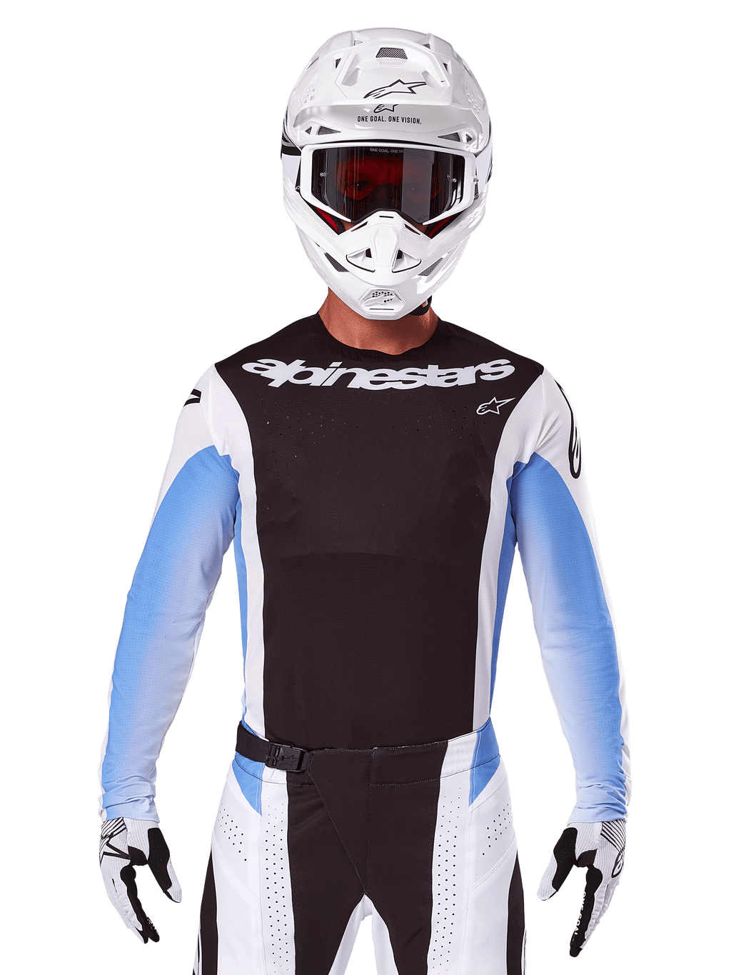 Alpinestars 2025 Techstar Melt trøje, motocross racingudstyr, sort, hvid og blå, langærmet trøje med matchende bukser og handsker, kører iført komplet MX-udstyr med hvid hjelm og goggles