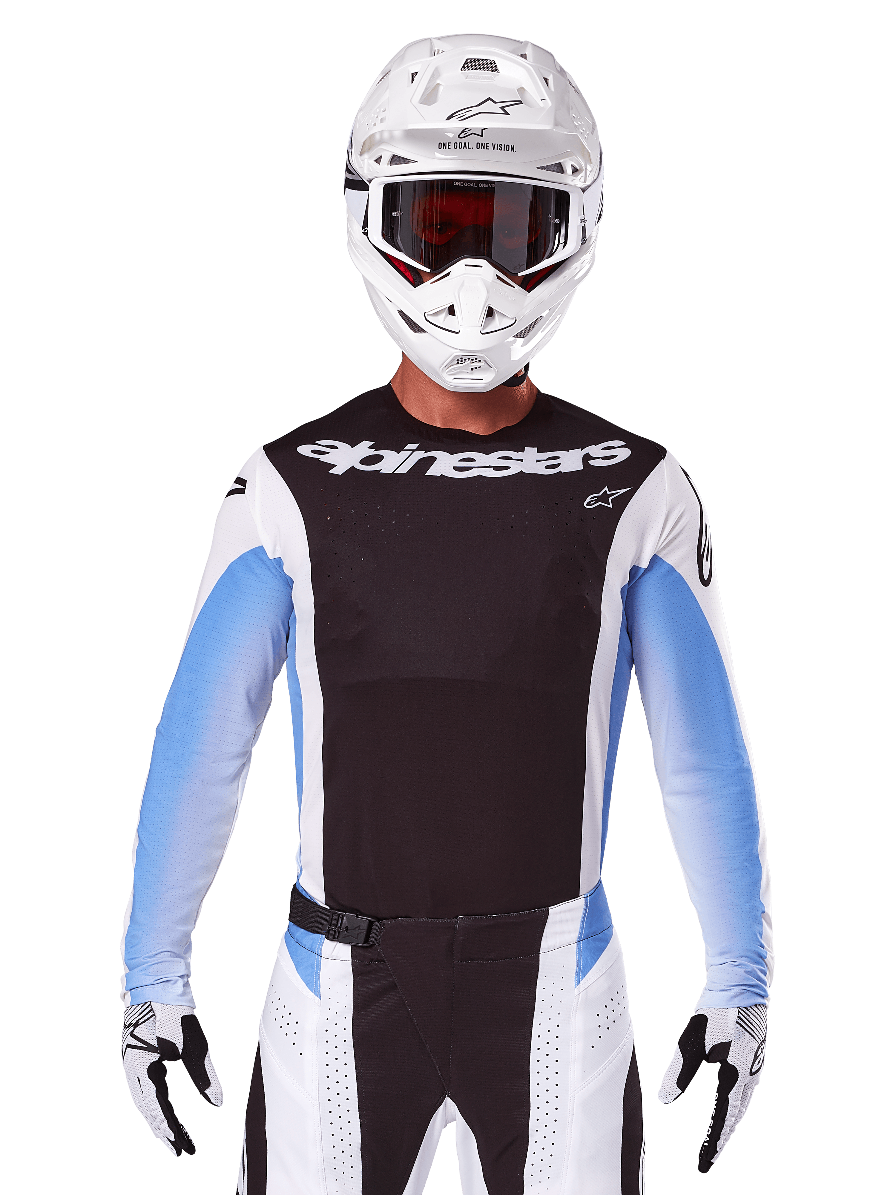 Alpinestars 2025 Techstar Melt trøje, motocross racingudstyr, sort, hvid og blå, langærmet trøje med matchende bukser og handsker, kører iført komplet MX-udstyr med hvid hjelm og goggles