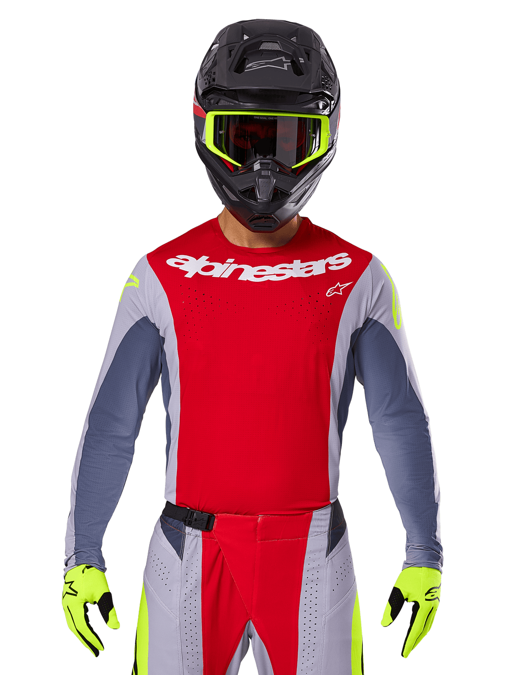Motocross rider wearing 2025 Techstar Melt Jersey and matching pants, Bright Red and Gray with white Alpinestars branding, black helmet with neon yellow goggles, matching neon yellow gloves, ventilated performance gear for off-road racing