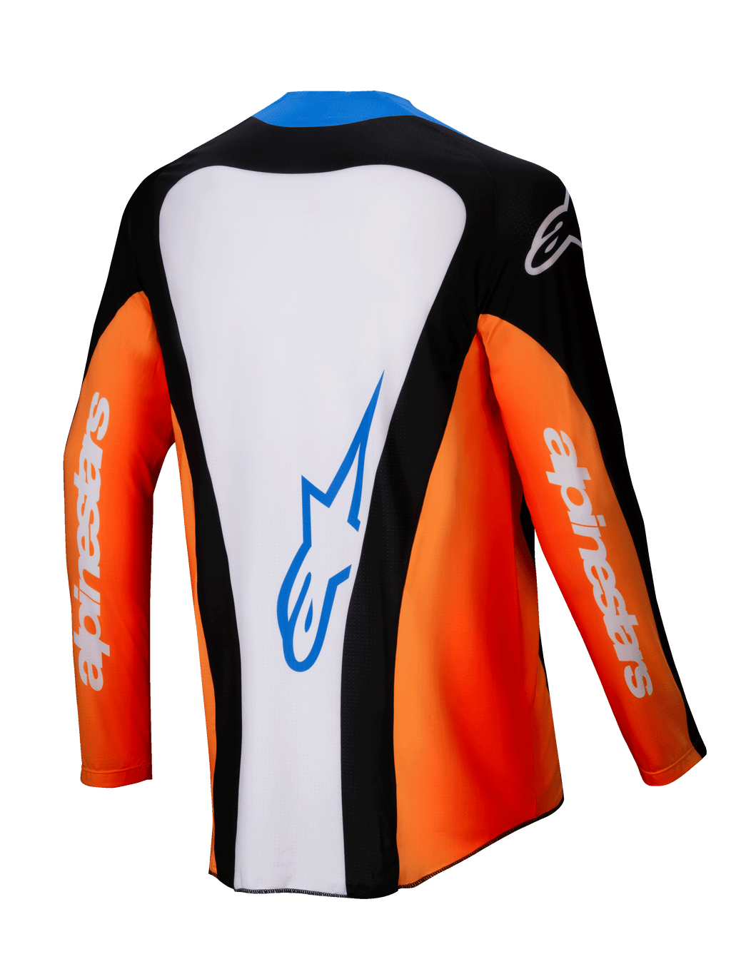 Alpinestars 2025 Techstar Melt jersey, motocross-jersey, set bagfra, orange, hvid og sort med blå detaljer, hvidt midterpanel med blåt logo, orange ærmer med hvid branding, højtydende off-road racingudstyr