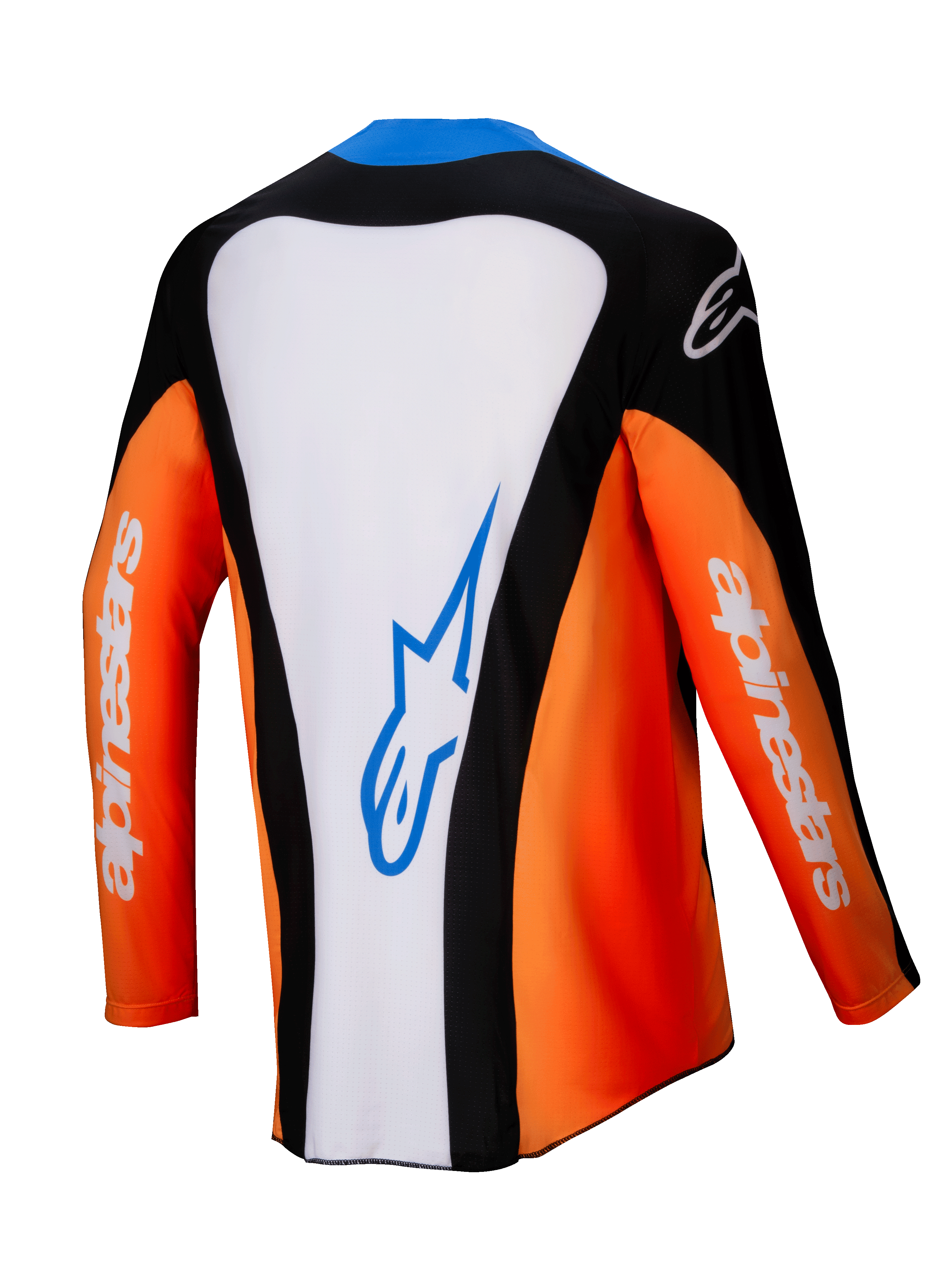 Alpinestars 2025 Techstar Melt jersey, motocross-jersey, set bagfra, orange, hvid og sort med blå detaljer, hvidt midterpanel med blåt logo, orange ærmer med hvid branding, højtydende off-road racingudstyr