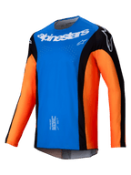 Alpinestars 2025 Techstar Melt jersey, motocross trøje, klar blå og orange med sorte paneler, hvidt Alpinestars-logo på brystet, laserskårne ventilationshuller, teknisk langærmet design til off-road racing