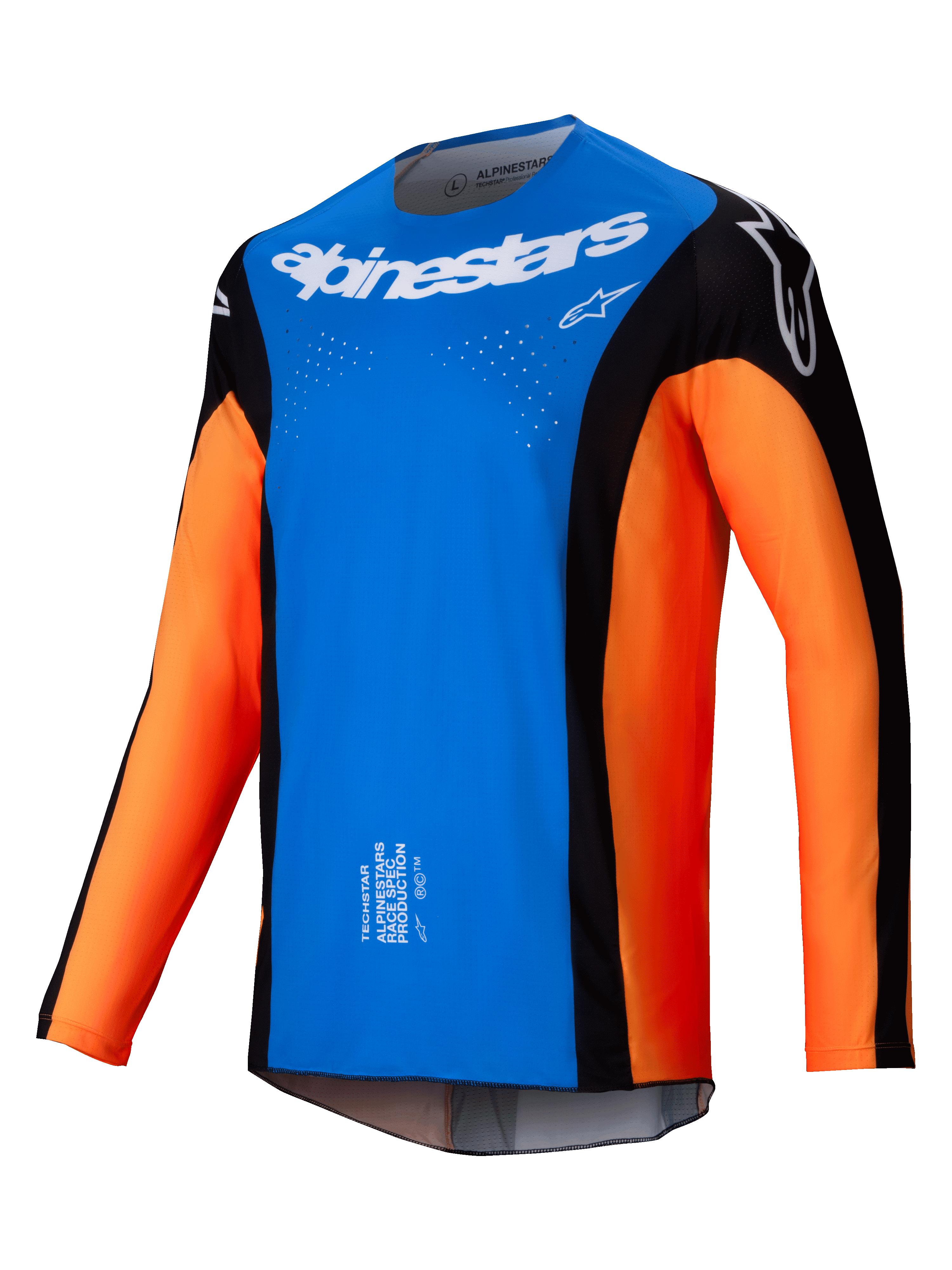Alpinestars 2025 Techstar Melt jersey, motocross trøje, klar blå og orange med sorte paneler, hvidt Alpinestars-logo på brystet, laserskårne ventilationshuller, teknisk langærmet design til off-road racing