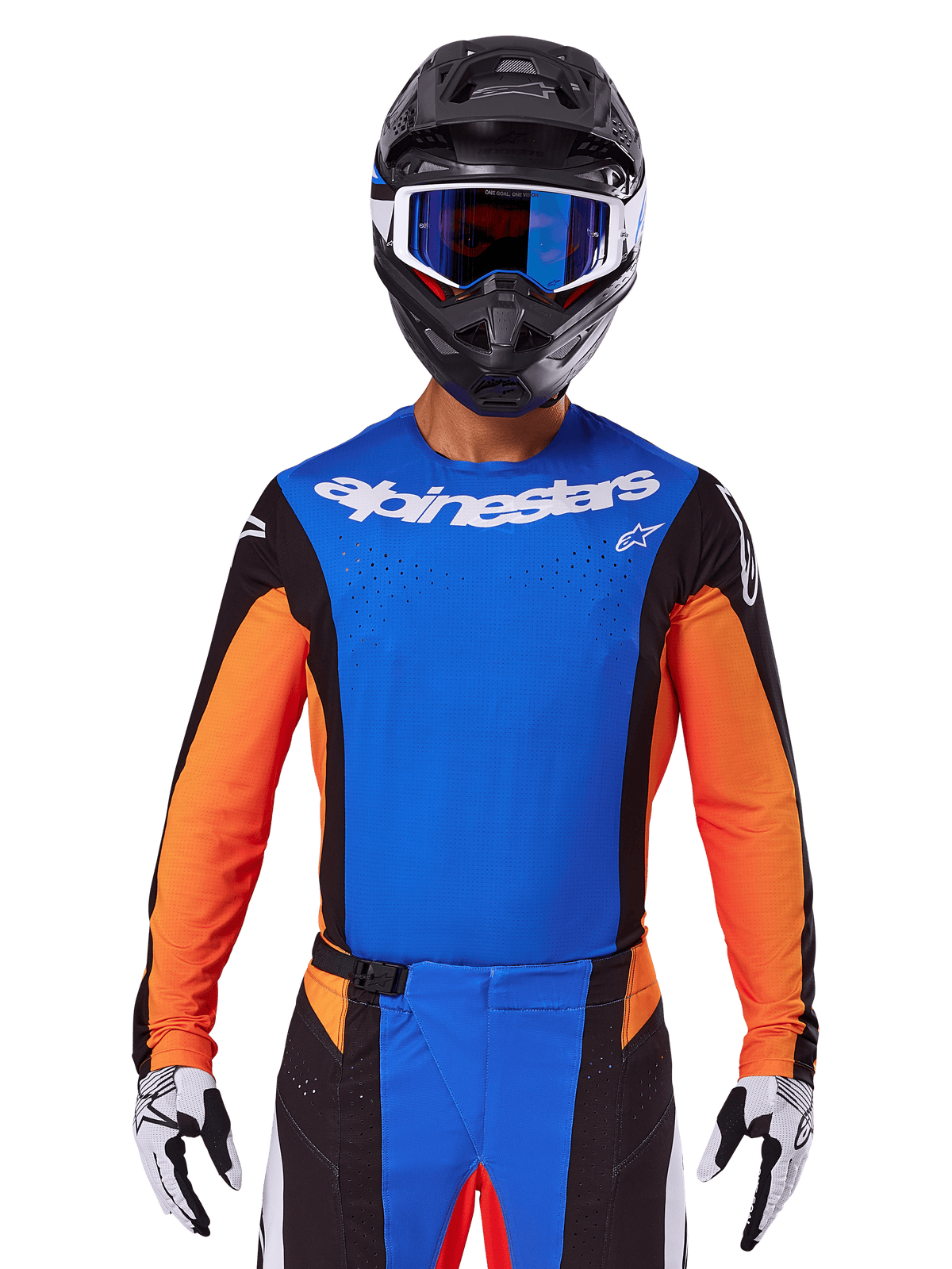 Alpinestars 2025 Techstar Melt trøje, motocrosstrøje, blå og orange med sorte sidepaneler, vist med sort hjelm og blå beskyttelsesbriller, med åndbare laserskårne perforeringer på brystet, atletisk race-pasform til terrænkørsel