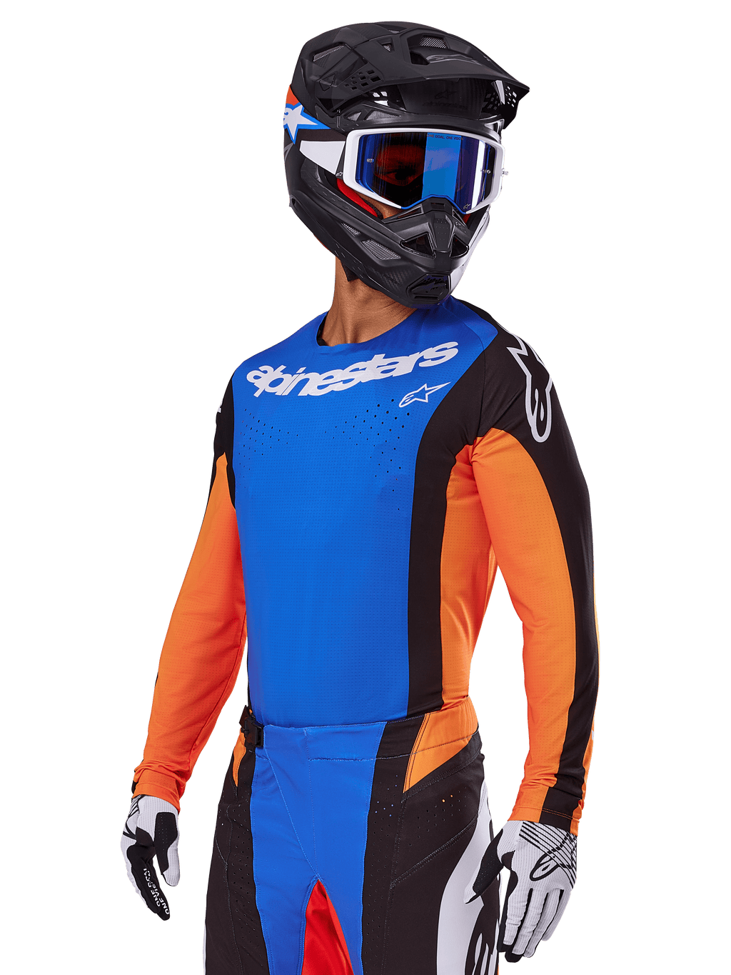 Alpinestars 2025 Techstar Melt udstyrssæt, motocrosskører iført blå jersey med orange ærmer og sorte sidepaneler, matchende blå og sorte bukser, sort hjelm med blå goggles, hvide og sorte handsker, atletisk race-fit motocrossbeklædning