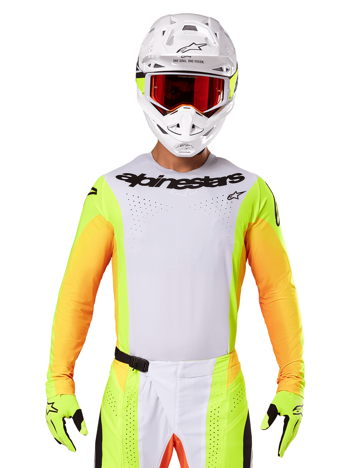 Alpinestars 2025 Techstar Melt Jersey, motocross racing gear, white chest with neon yellow and orange sleeves, rider wearing white helmet and red goggles, neon yellow gloves with black logos, vibrant colorway for off-road performance