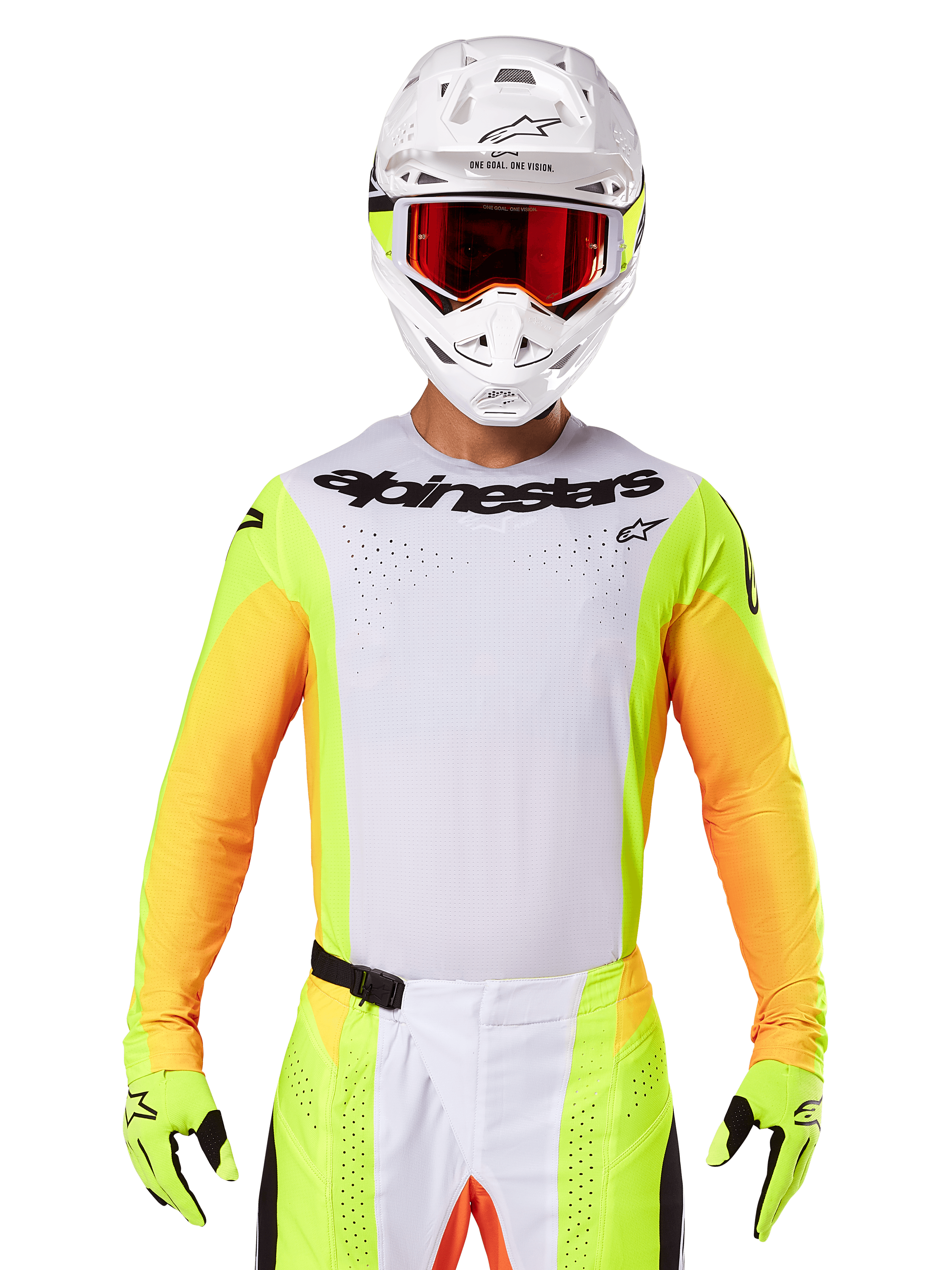 Alpinestars 2025 Techstar Melt Jersey, motocross racing gear, white chest with neon yellow and orange sleeves, rider wearing white helmet and red goggles, neon yellow gloves with black logos, vibrant colorway for off-road performance