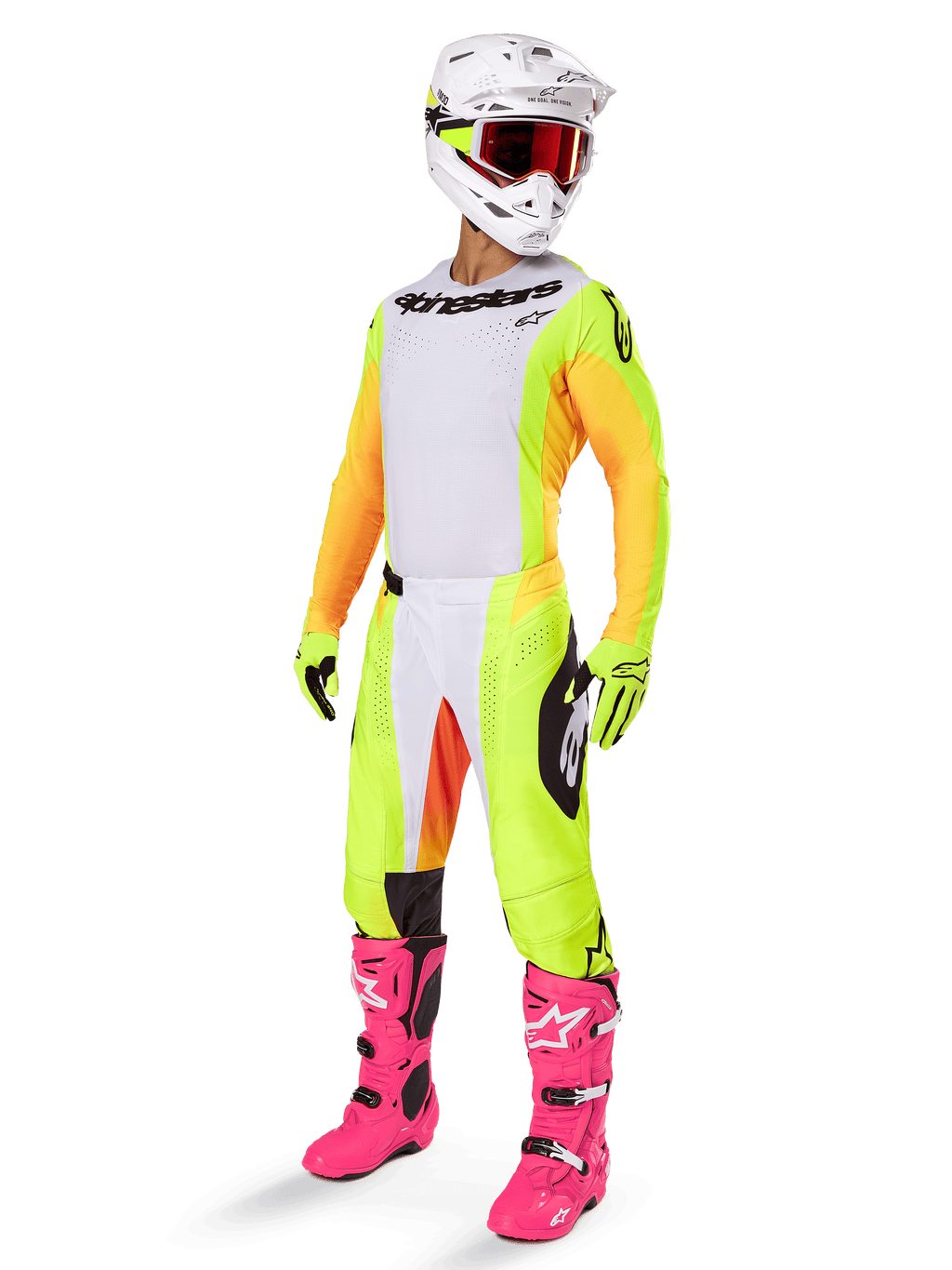 Motocross rider wearing complete racing gear featuring the Alpinestars 2025 Techstar Melt Jersey, white front with yellow side panels and orange sleeves, matching yellow and white pants, white helmet with red goggles, and vibrant pink boots, professional off-road racing kit.