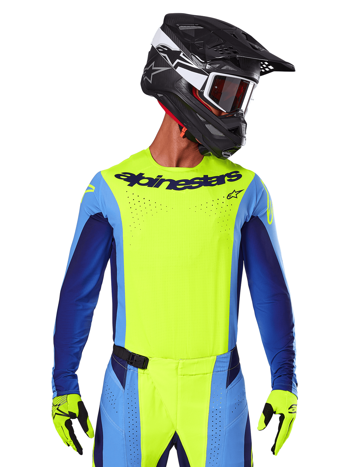 2025 Techstar Melt Jersey, motocross racingtrøje, gul fluo og blå, med laserskåret ventilation og atletisk race-pasform, båret af en kører med sort hjelm og gul fluo handsker
