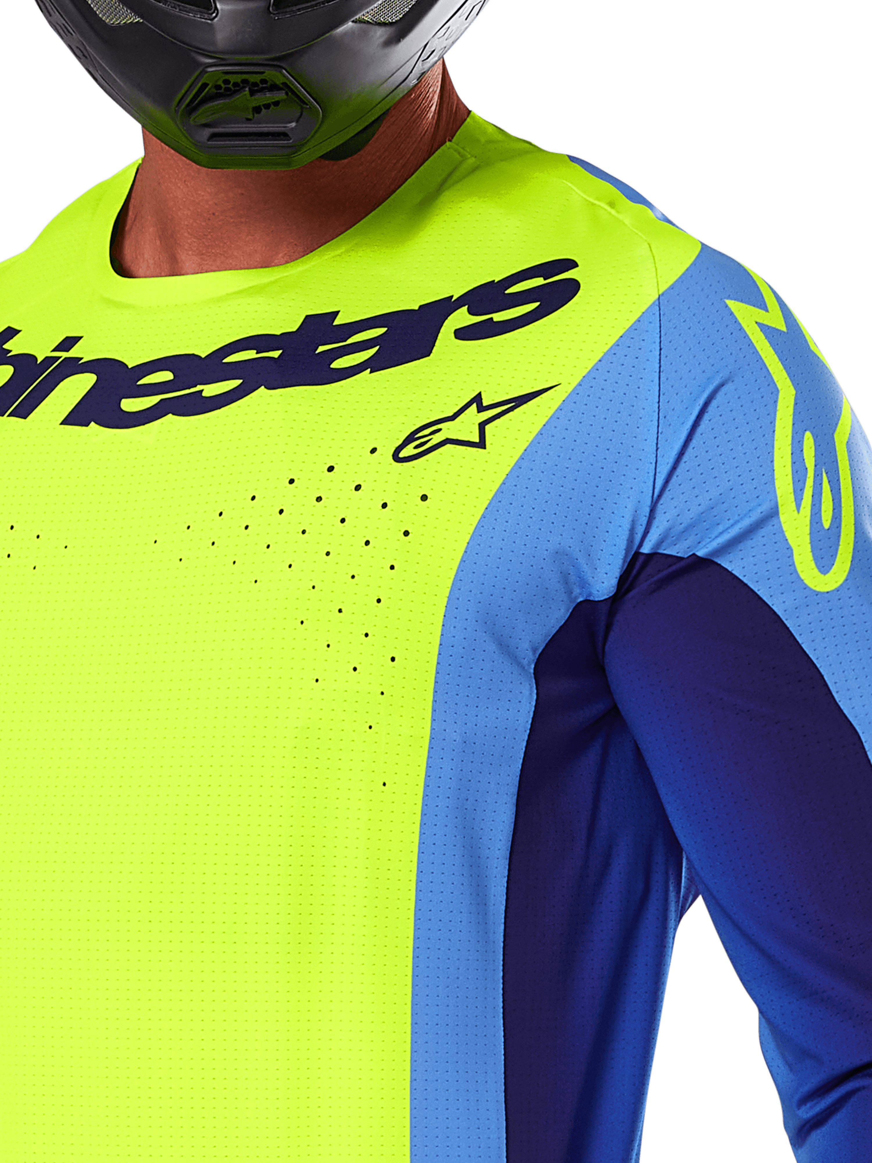 Alpinestars 2025 Techstar Melt trøje, motocross trøje, gul fluo og blå, med laserskårne perforeringer og markant logo på brystet, atletisk pasform til off-road racing, nærbillede med en sort hjelm
