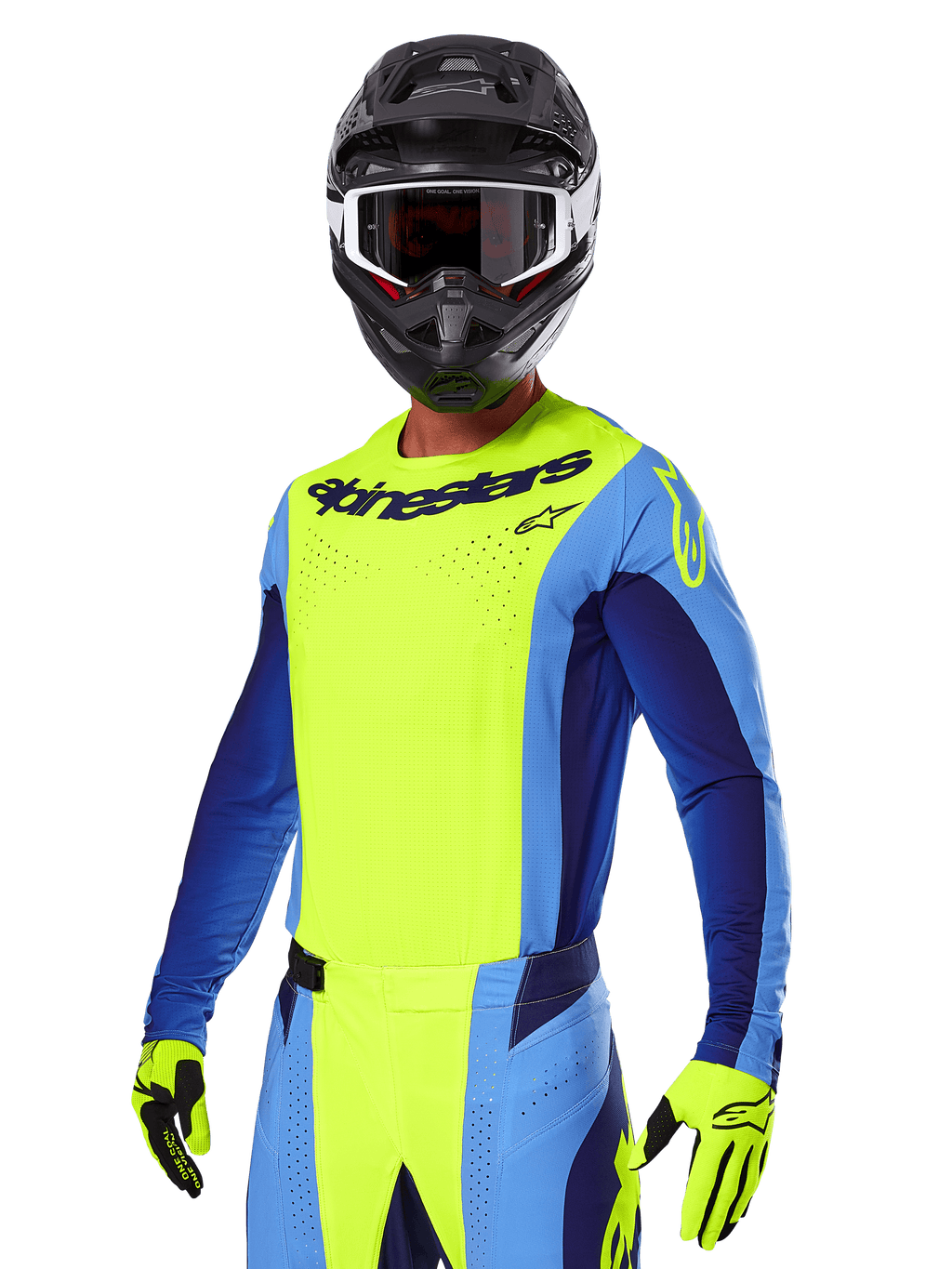 Alpinestars 2025 Techstar Melt Gear Set, motocross-kører iført en klar gul og blå jersey med matchende bukser, sort hjelm med hvide og sorte briller, gule handsker, koordineret off-road raceroutfit med tydelig Alpinestars-branding og perforerede detaljer