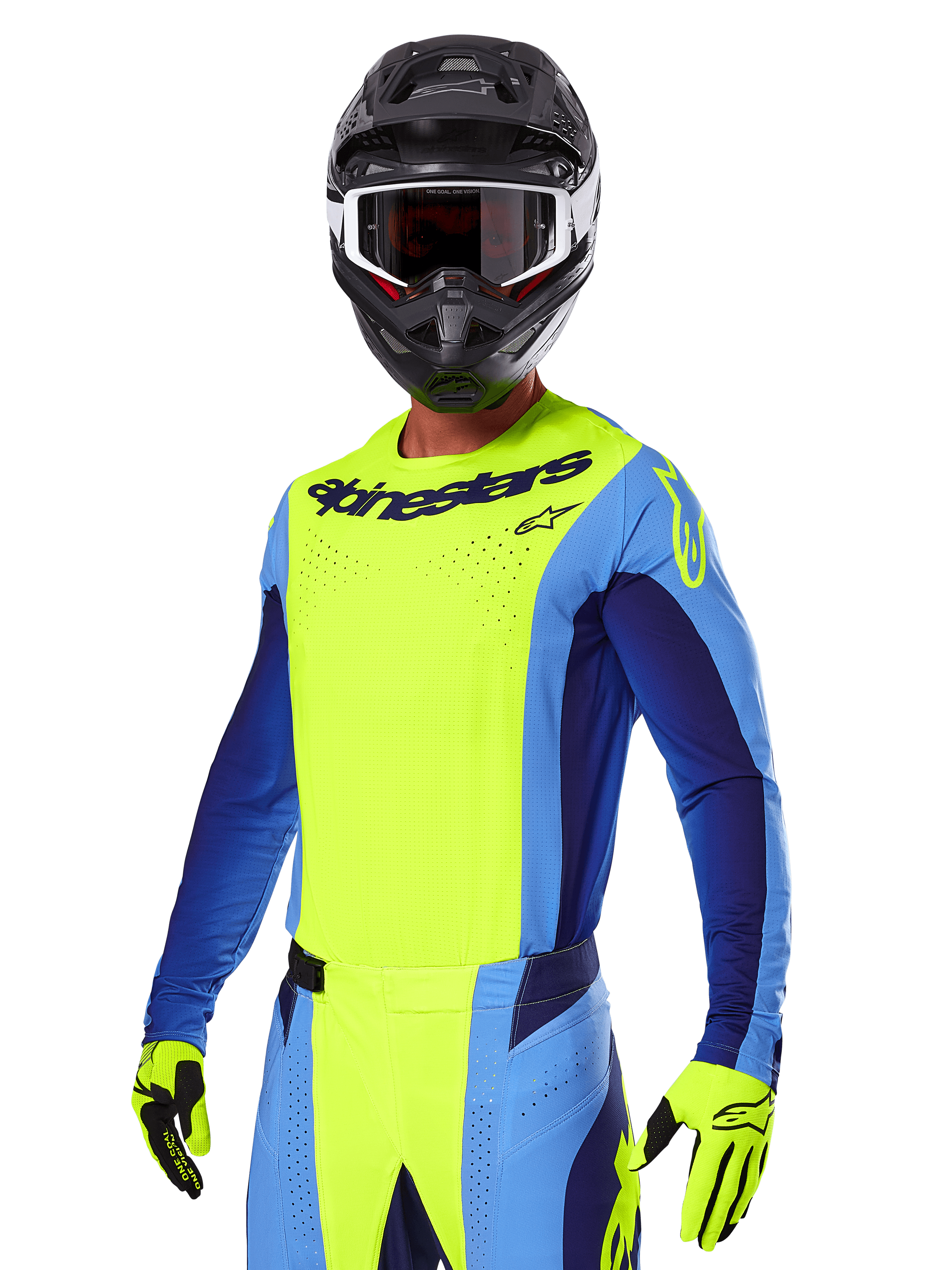 Alpinestars 2025 Techstar Melt Gear Set, motocross-kører iført en klar gul og blå jersey med matchende bukser, sort hjelm med hvide og sorte briller, gule handsker, koordineret off-road raceroutfit med tydelig Alpinestars-branding og perforerede detaljer