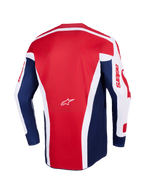 Alpinestars 2026 Racer Riway Jersey, motocross-trøje, hvid, blå og rød, bagsidevisning der viser et stort rødt midterpanel med hvide vinklede detaljer, blå sidepaneler og hvide ærmer med rød astars-branding og et lille hvidt Alpinestars-logo i midten.