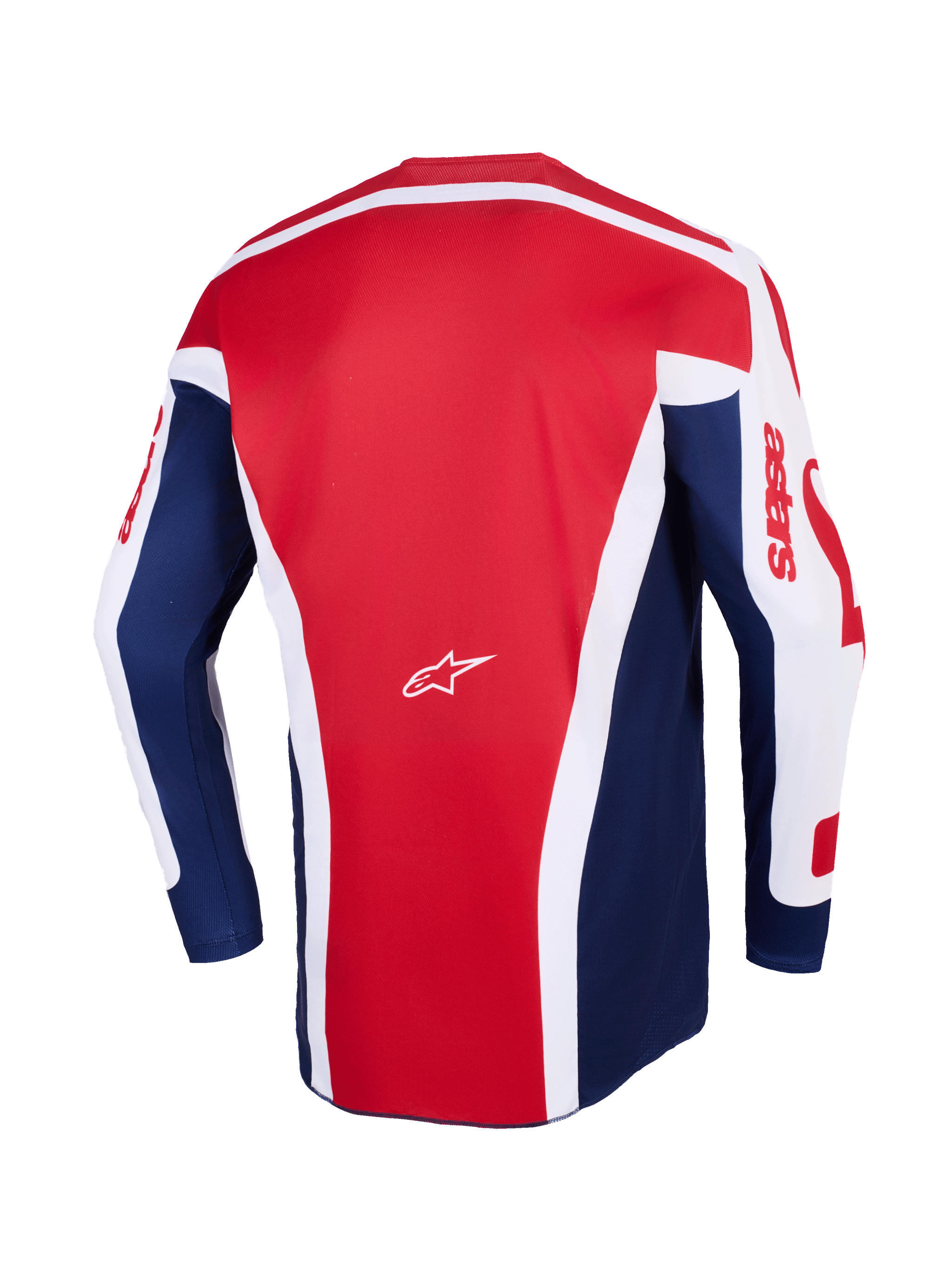 Alpinestars 2026 Racer Riway Jersey, motocross-trøje, hvid, blå og rød, bagsidevisning der viser et stort rødt midterpanel med hvide vinklede detaljer, blå sidepaneler og hvide ærmer med rød astars-branding og et lille hvidt Alpinestars-logo i midten.