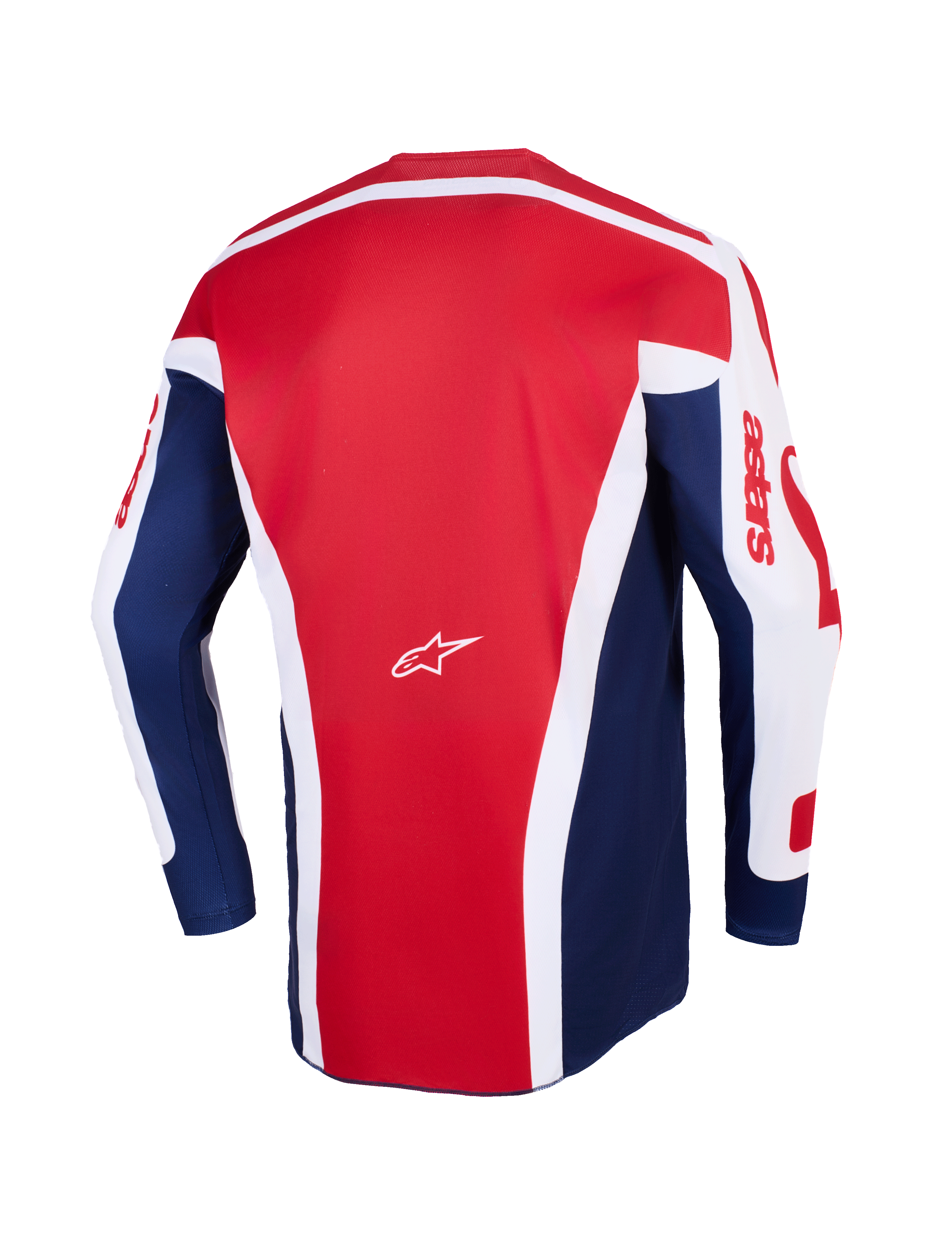 Alpinestars 2026 Racer Riway Jersey, motocross-trøje, hvid, blå og rød, bagsidevisning der viser et stort rødt midterpanel med hvide vinklede detaljer, blå sidepaneler og hvide ærmer med rød astars-branding og et lille hvidt Alpinestars-logo i midten.
